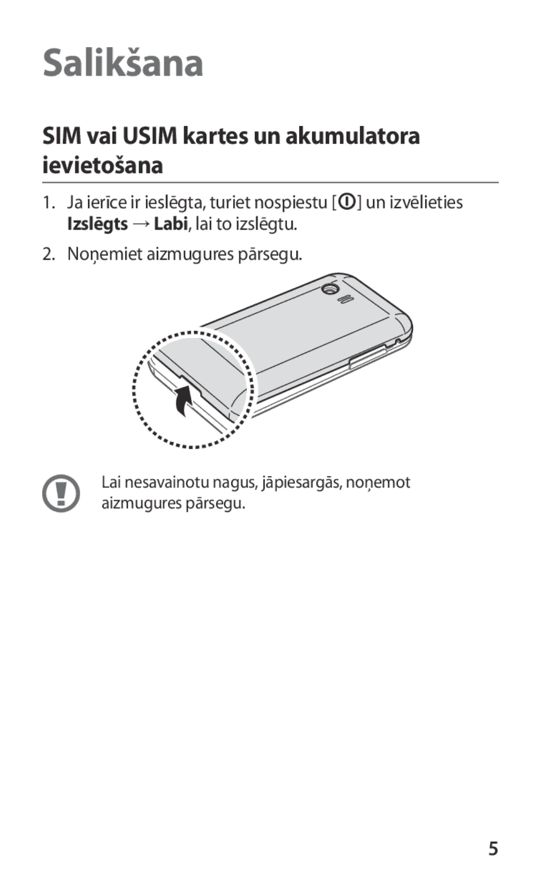 Samsung GT-S5363AAASEB manual Salikšana, SIM vai Usim kartes un akumulatora ievietošana 