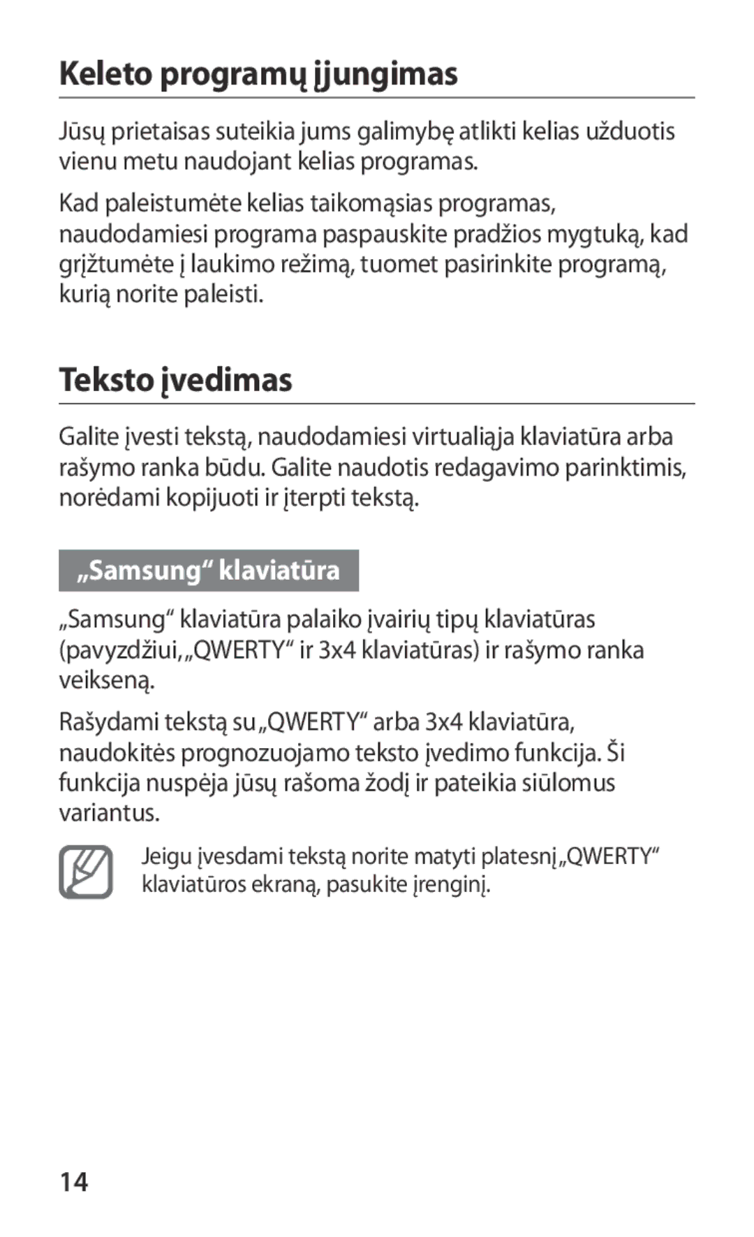 Samsung GT-S5363AAASEB manual Keleto programų įjungimas, Teksto įvedimas, „Samsung klaviatūra 