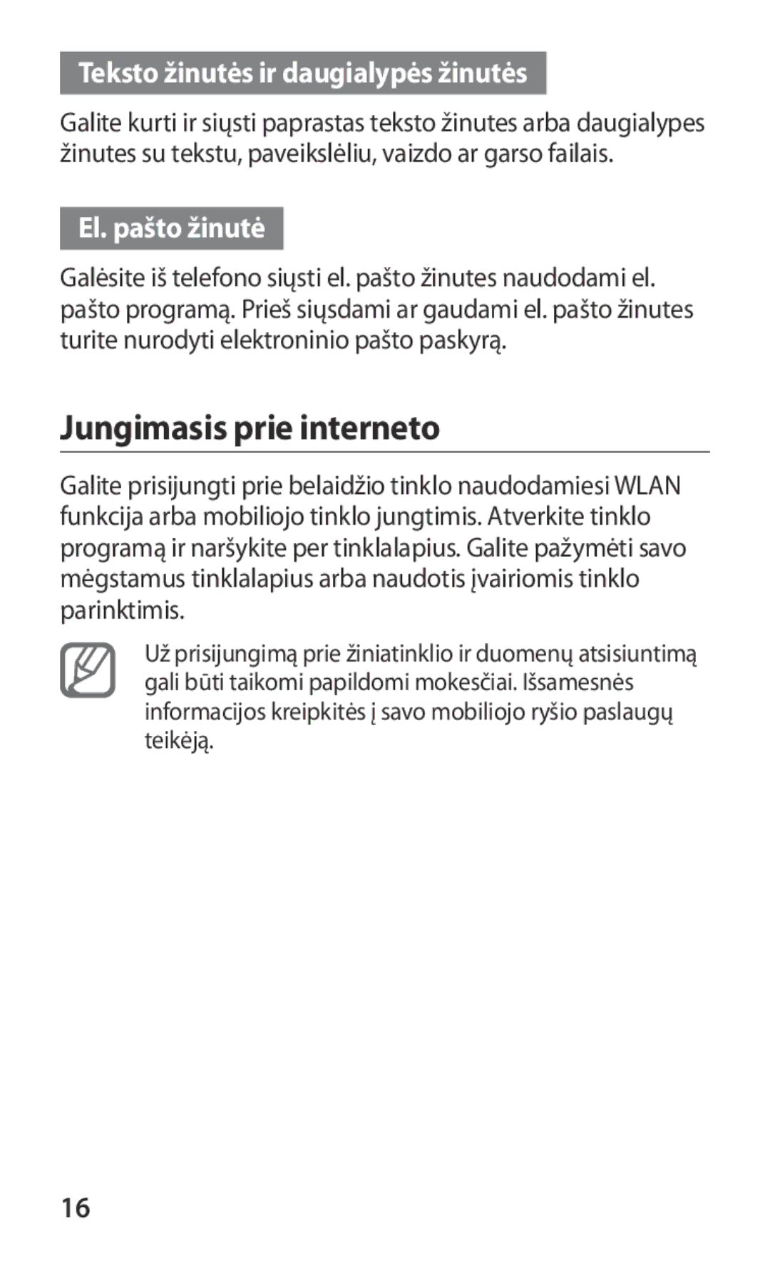 Samsung GT-S5363AAASEB manual Jungimasis prie interneto, Teksto žinutės ir daugialypės žinutės, El. pašto žinutė 