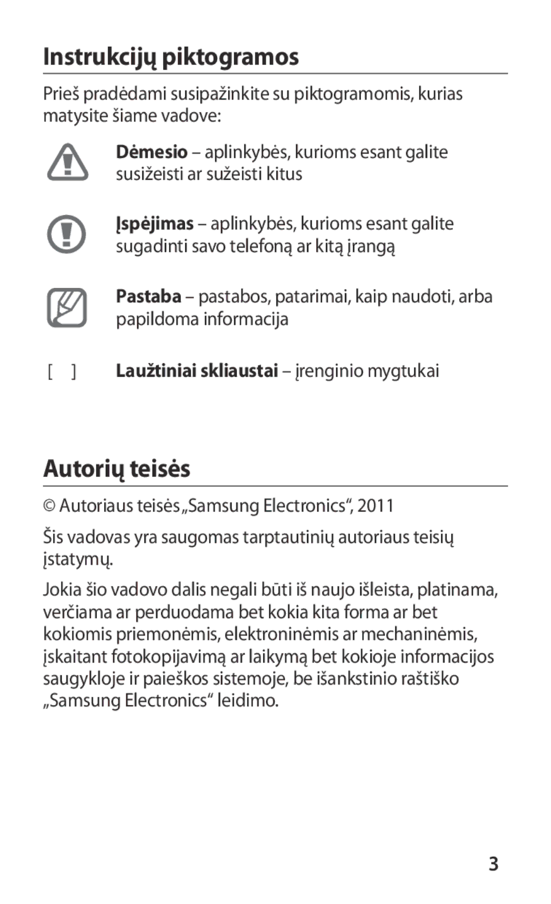 Samsung GT-S5363AAASEB manual Instrukcijų piktogramos, Autorių teisės 