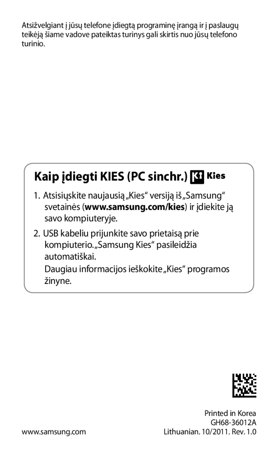 Samsung GT-S5363AAASEB manual Kaip įdiegti Kies PC sinchr 