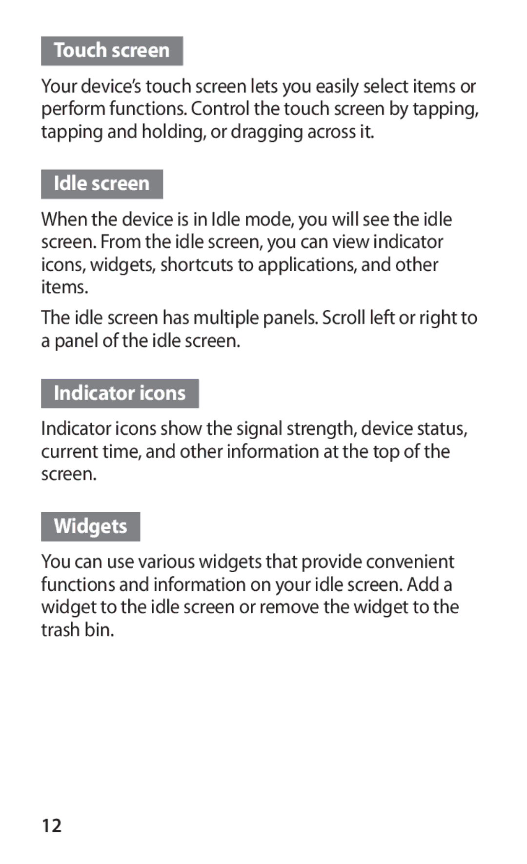 Samsung GT-S5363AAAVIA, GT-S5363AAAVID, GT-S5363AAAVIT, GT-S5363AAASEB Touch screen, Idle screen, Indicator icons, Widgets 