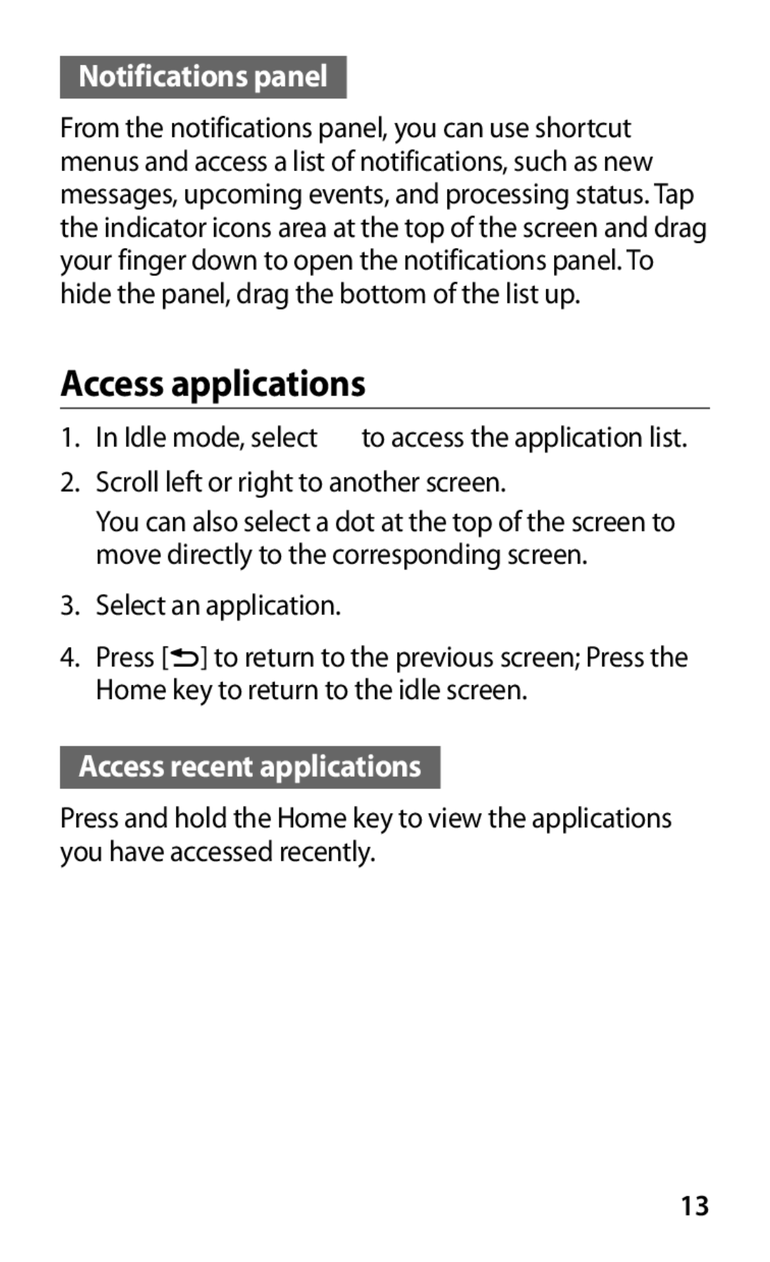 Samsung GT-S5363AAAVID, GT-S5363AAAVIA, GT-S5363AAAVIT Access applications, Notifications panel, Access recent applications 