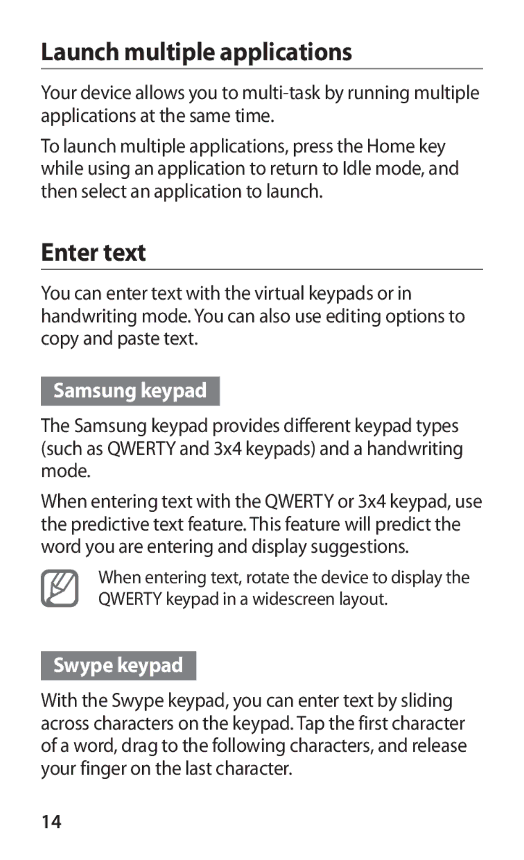 Samsung GT-S5363AAAVIT, GT-S5363AAAVIA manual Launch multiple applications, Enter text, Samsung keypad, Swype keypad 