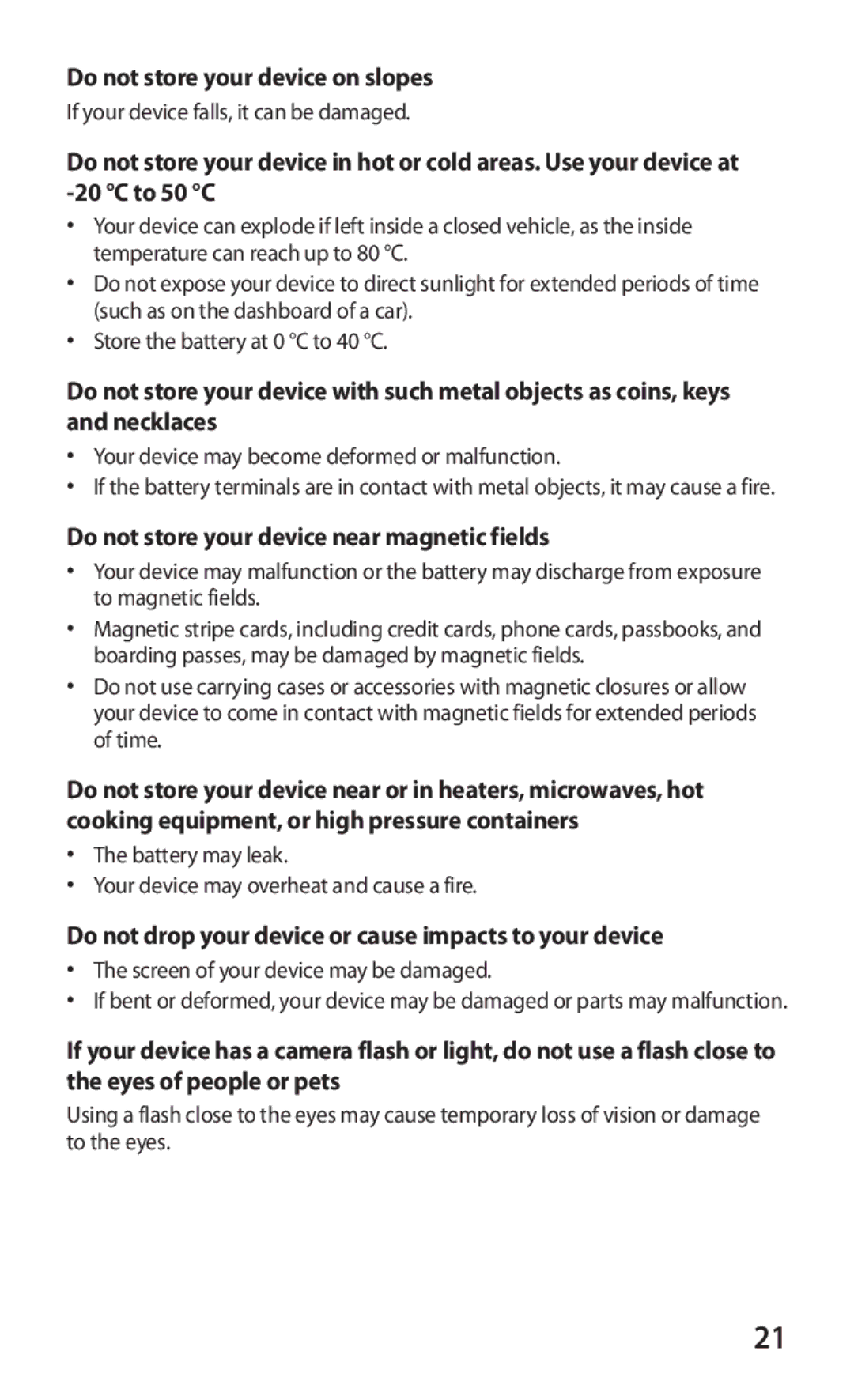 Samsung GT-S5363AAASEB, GT-S5363AAAVIA Do not store your device on slopes, Do not store your device near magnetic fields 