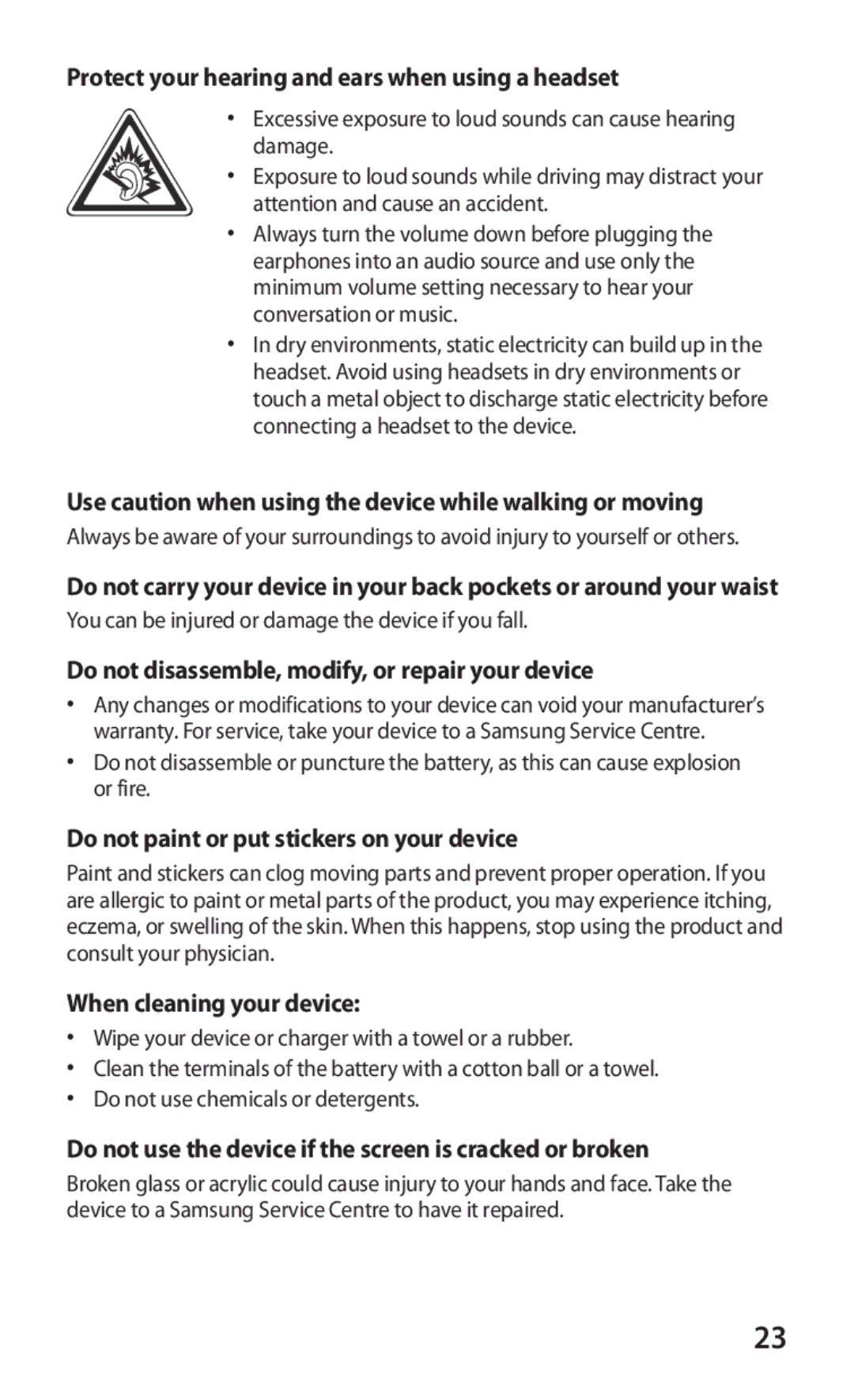 Samsung GT-S5363AAAMTS Protect your hearing and ears when using a headset, Do not paint or put stickers on your device 