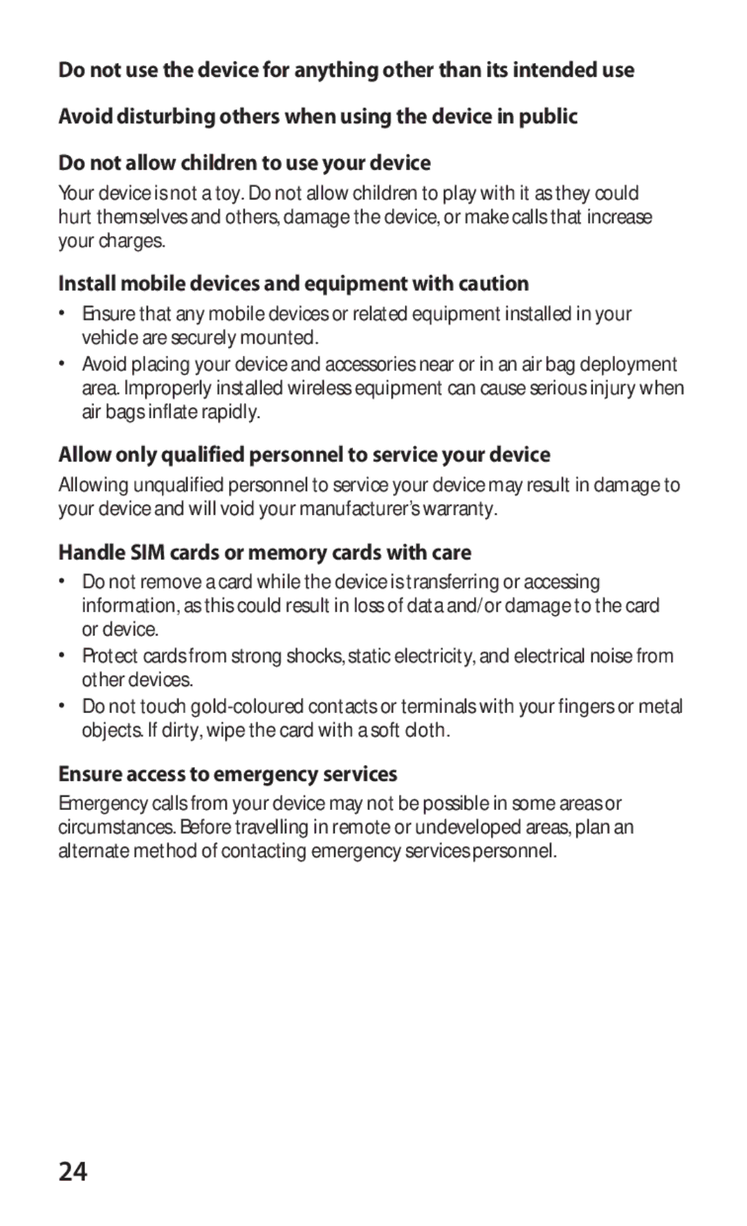 Samsung GT-S5363AAAVIA manual Do not allow children to use your device, Install mobile devices and equipment with caution 