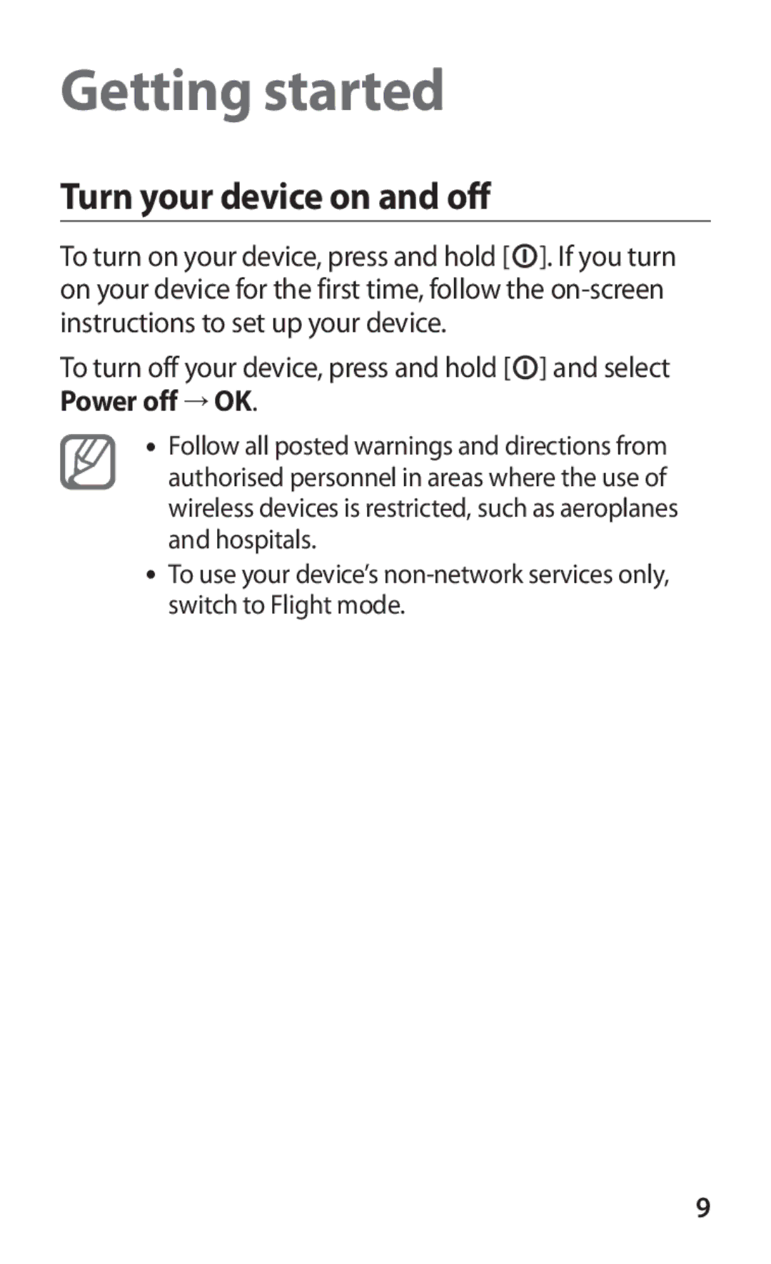 Samsung GT-S5363AAASEB, GT-S5363AAAVIA, GT-S5363AAAVID, GT-S5363AAAVIT manual Getting started, Turn your device on and off 