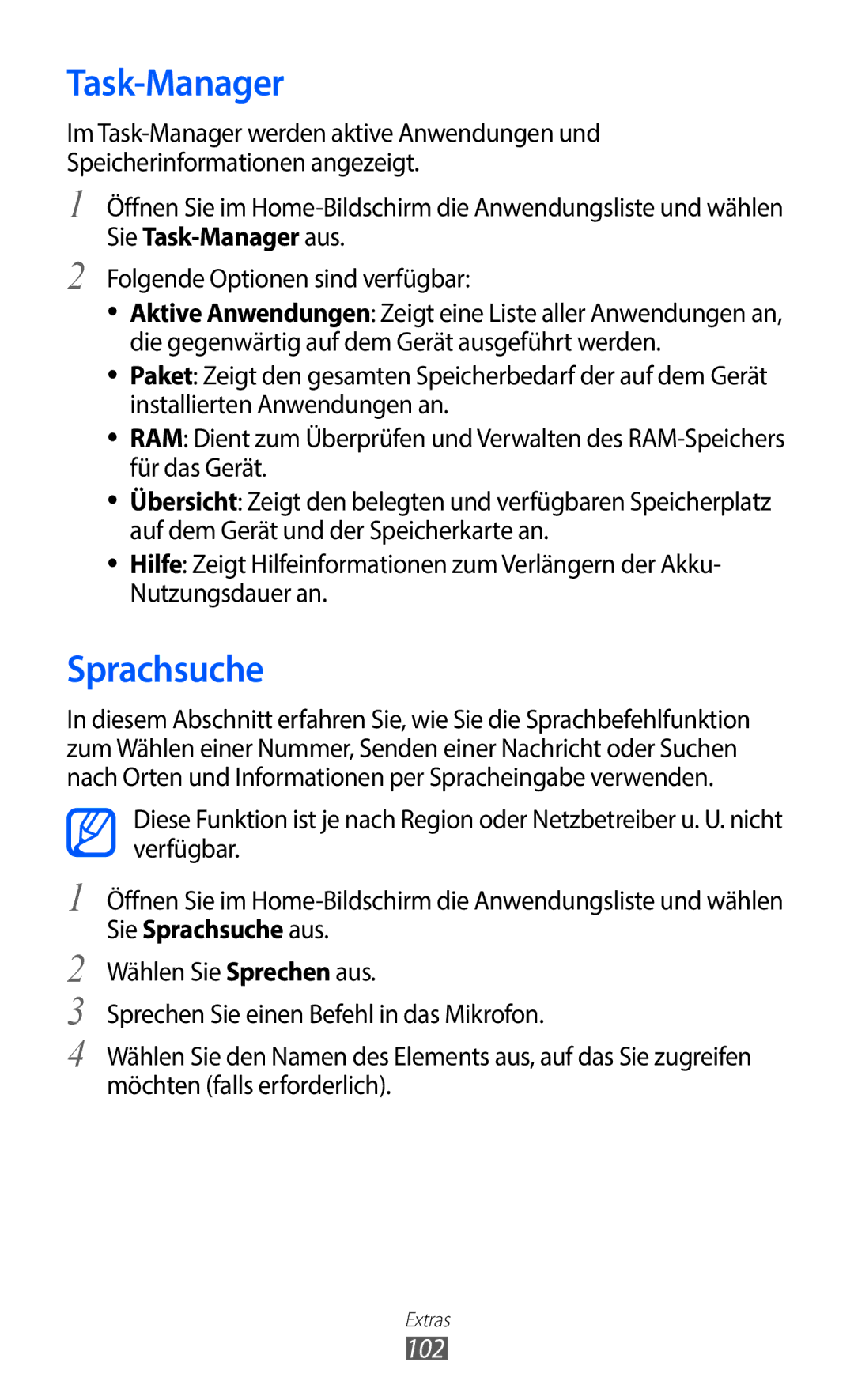 Samsung GT-S5363AAAVIA, GT-S5363AAAVID, GT-S5363AAAVIT manual Task-Manager, Sprachsuche, 102 