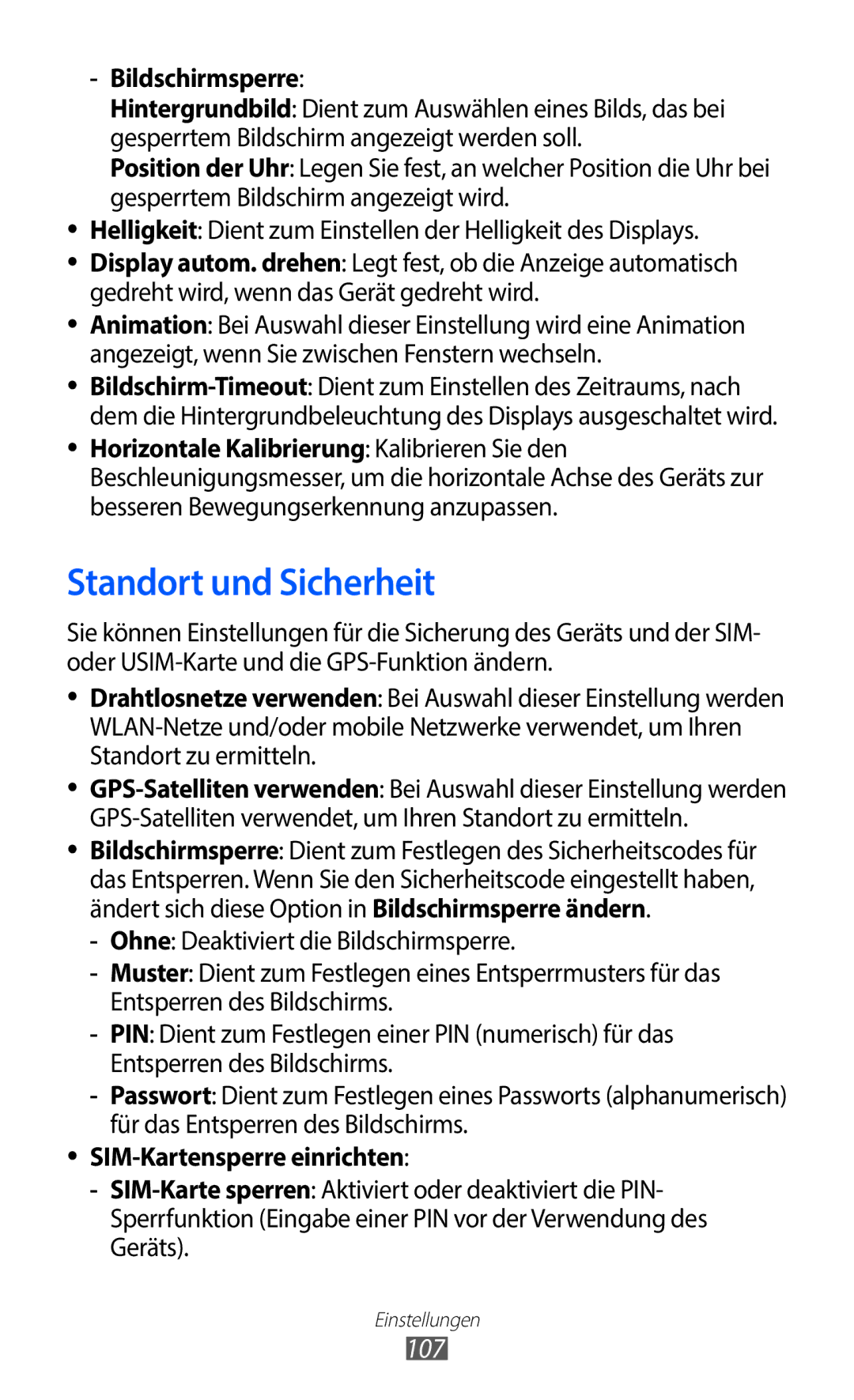 Samsung GT-S5363AAAVIT, GT-S5363AAAVIA manual Standort und Sicherheit, 107, Bildschirmsperre, SIM-Kartensperre einrichten 