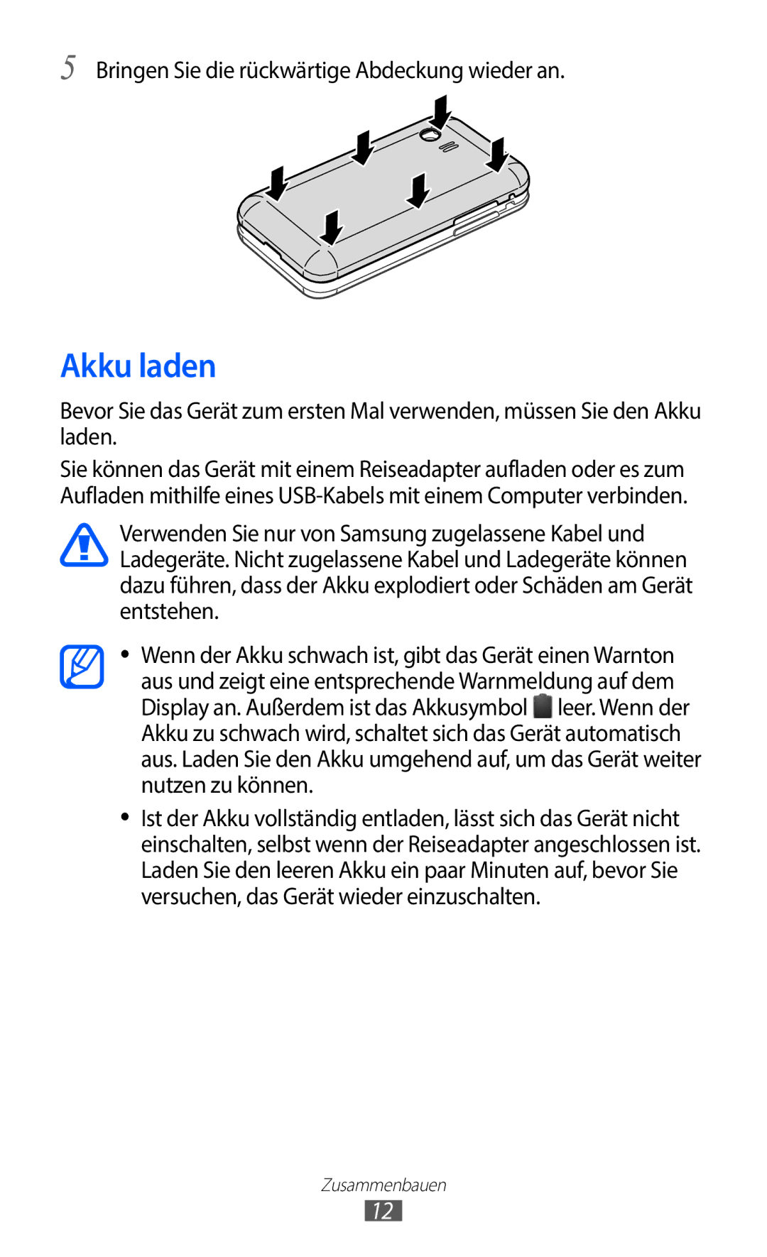 Samsung GT-S5363AAAVIA, GT-S5363AAAVID, GT-S5363AAAVIT manual Akku laden 