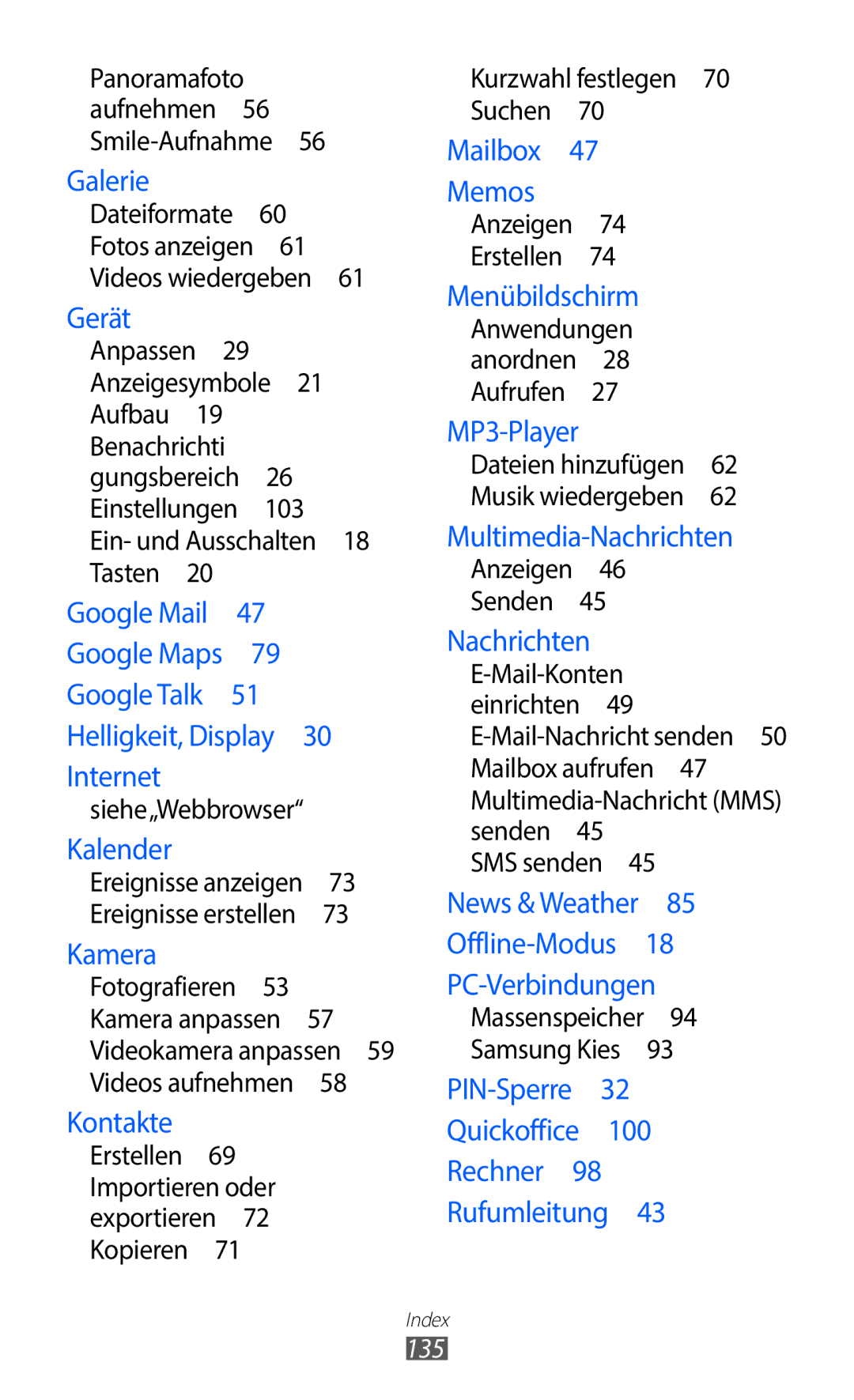 Samsung GT-S5363AAAVIA, GT-S5363AAAVID, GT-S5363AAAVIT manual Gerät, 135 