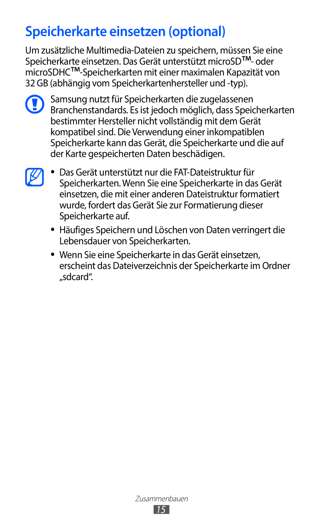 Samsung GT-S5363AAAVIA, GT-S5363AAAVID, GT-S5363AAAVIT manual Speicherkarte einsetzen optional 