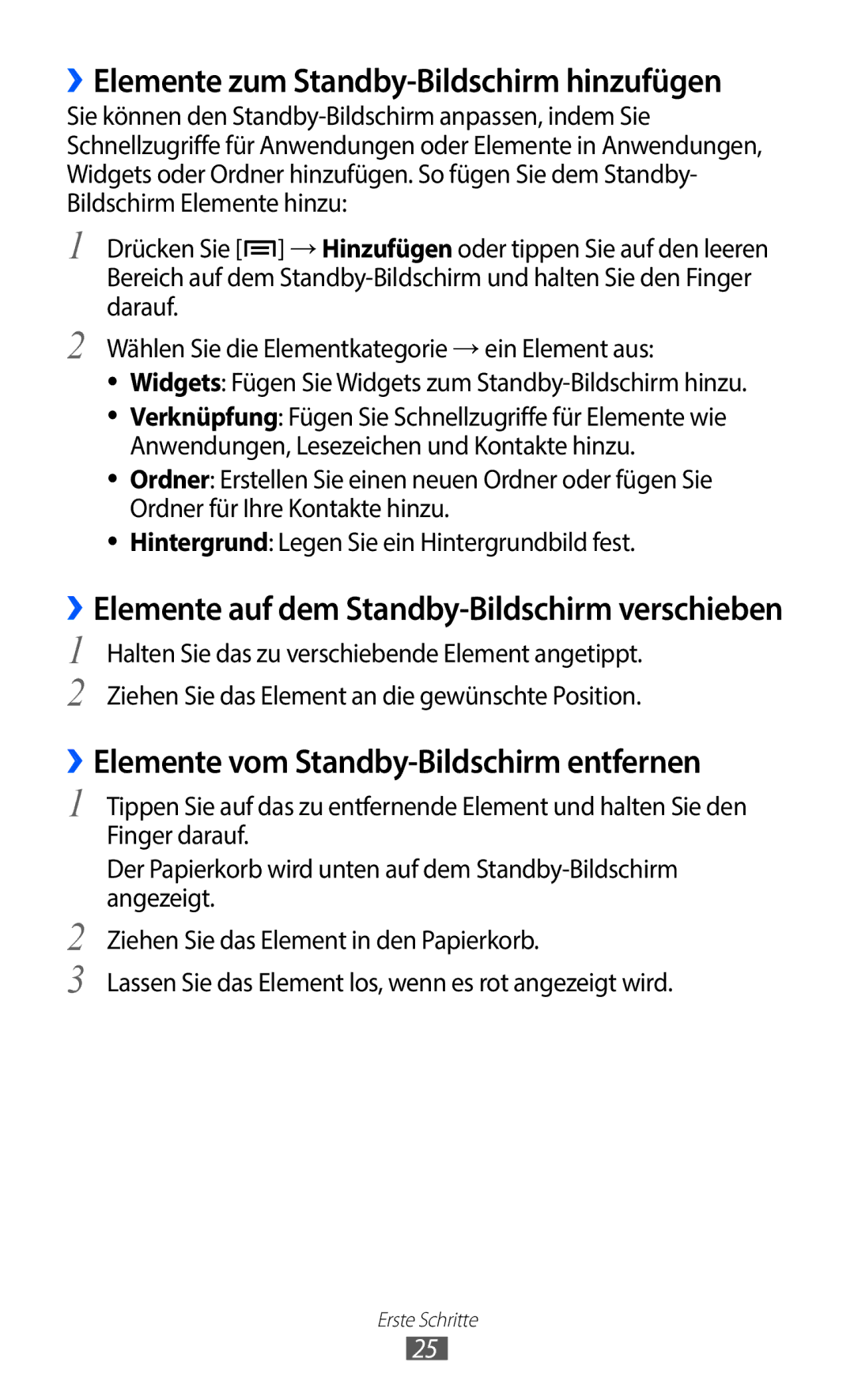 Samsung GT-S5363AAAVID manual ››Elemente zum Standby-Bildschirm hinzufügen, ››Elemente vom Standby-Bildschirm entfernen 