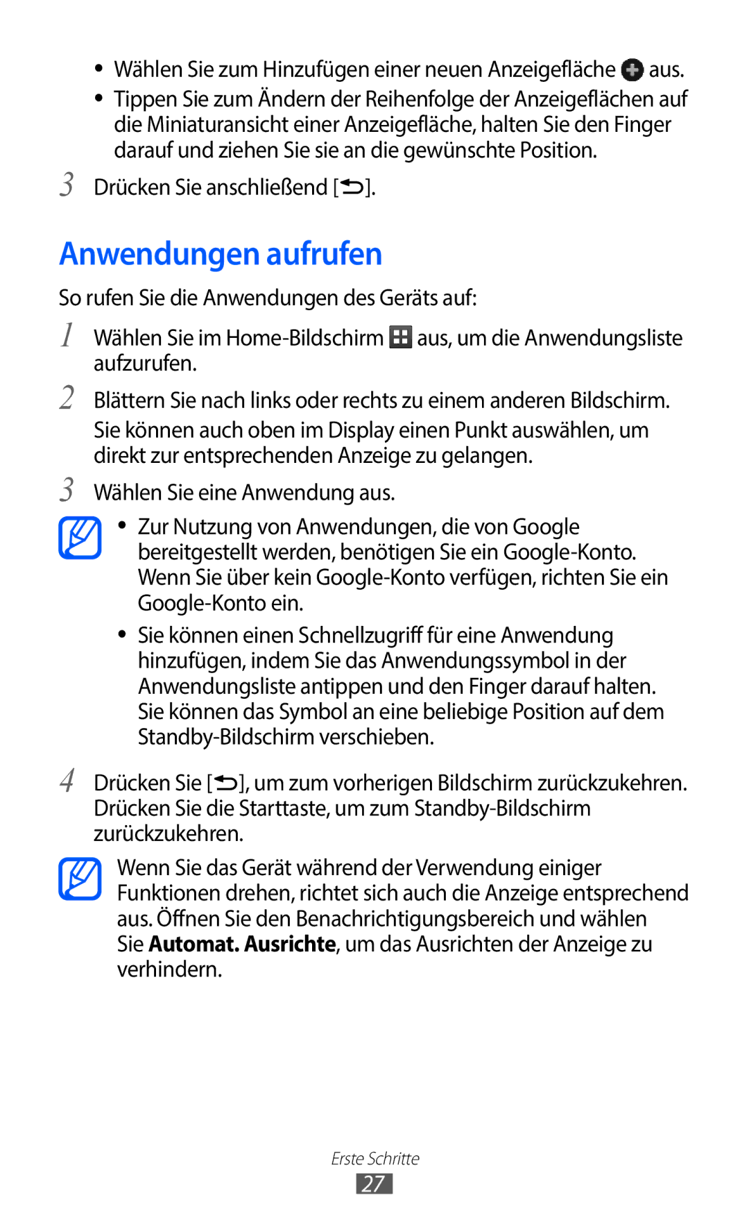 Samsung GT-S5363AAAVIA, GT-S5363AAAVID manual Anwendungen aufrufen, Wählen Sie zum Hinzufügen einer neuen Anzeigefläche aus 