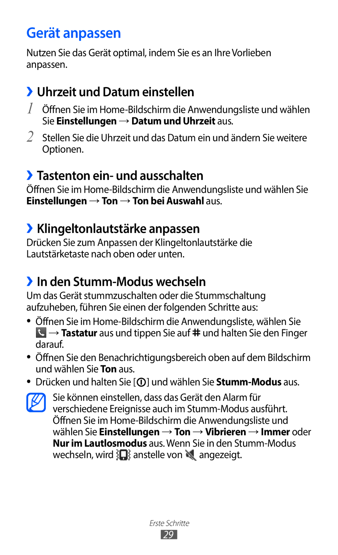 Samsung GT-S5363AAAVIT, GT-S5363AAAVIA Gerät anpassen, ››Uhrzeit und Datum einstellen, ››Tastenton ein- und ausschalten 