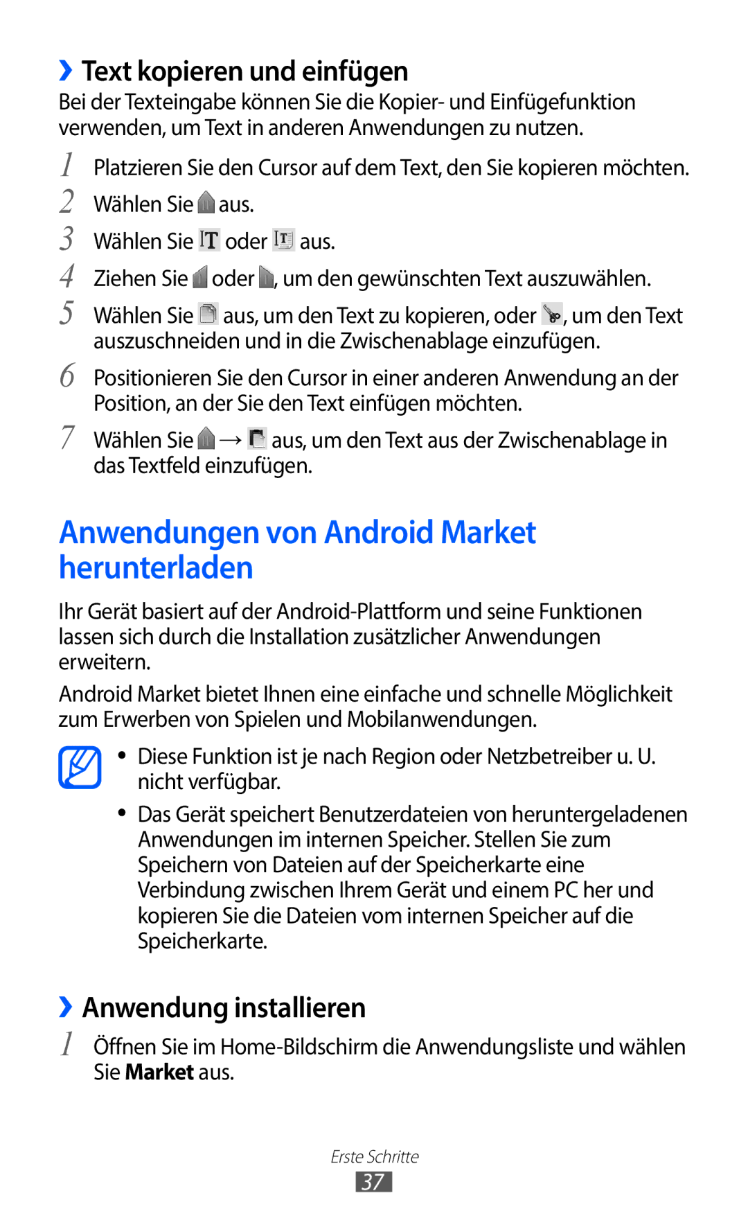 Samsung GT-S5363AAAVID, GT-S5363AAAVIA manual Anwendungen von Android Market herunterladen, ››Text kopieren und einfügen 