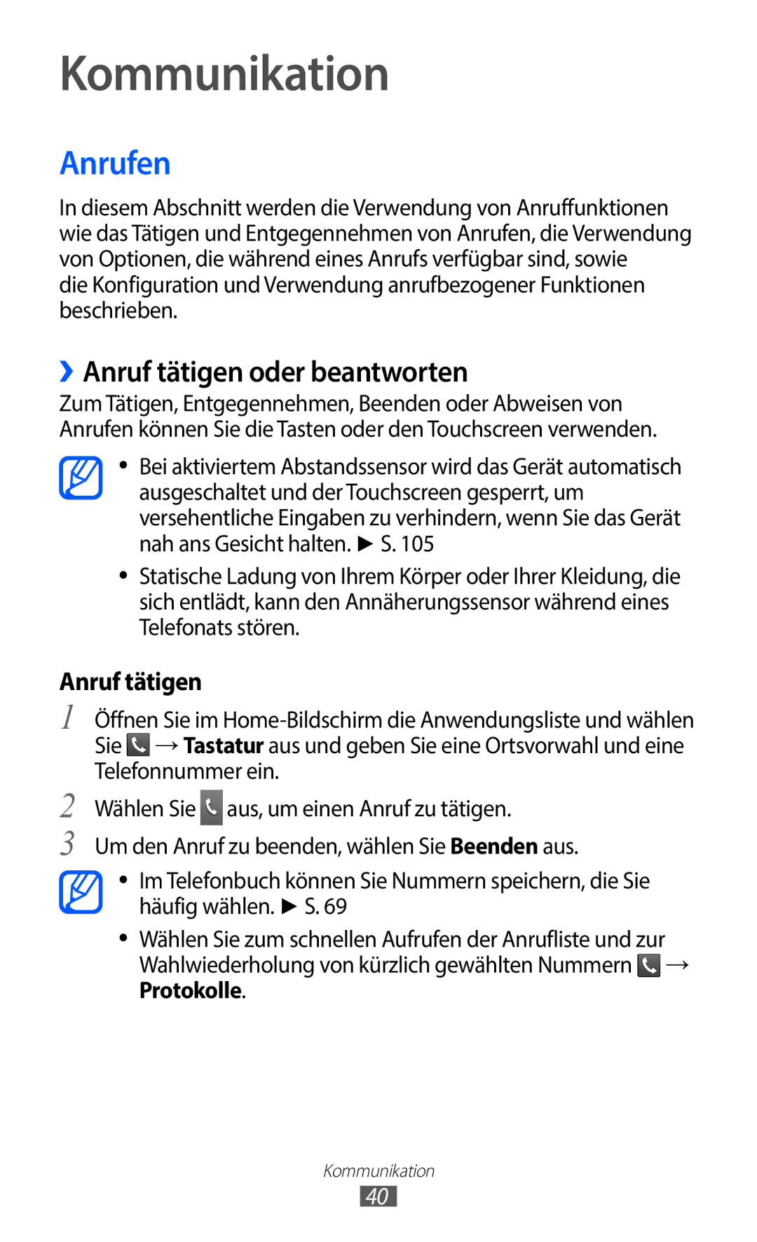 Samsung GT-S5363AAAVID, GT-S5363AAAVIA, GT-S5363AAAVIT manual Kommunikation, Anrufen, ››Anruf tätigen oder beantworten 