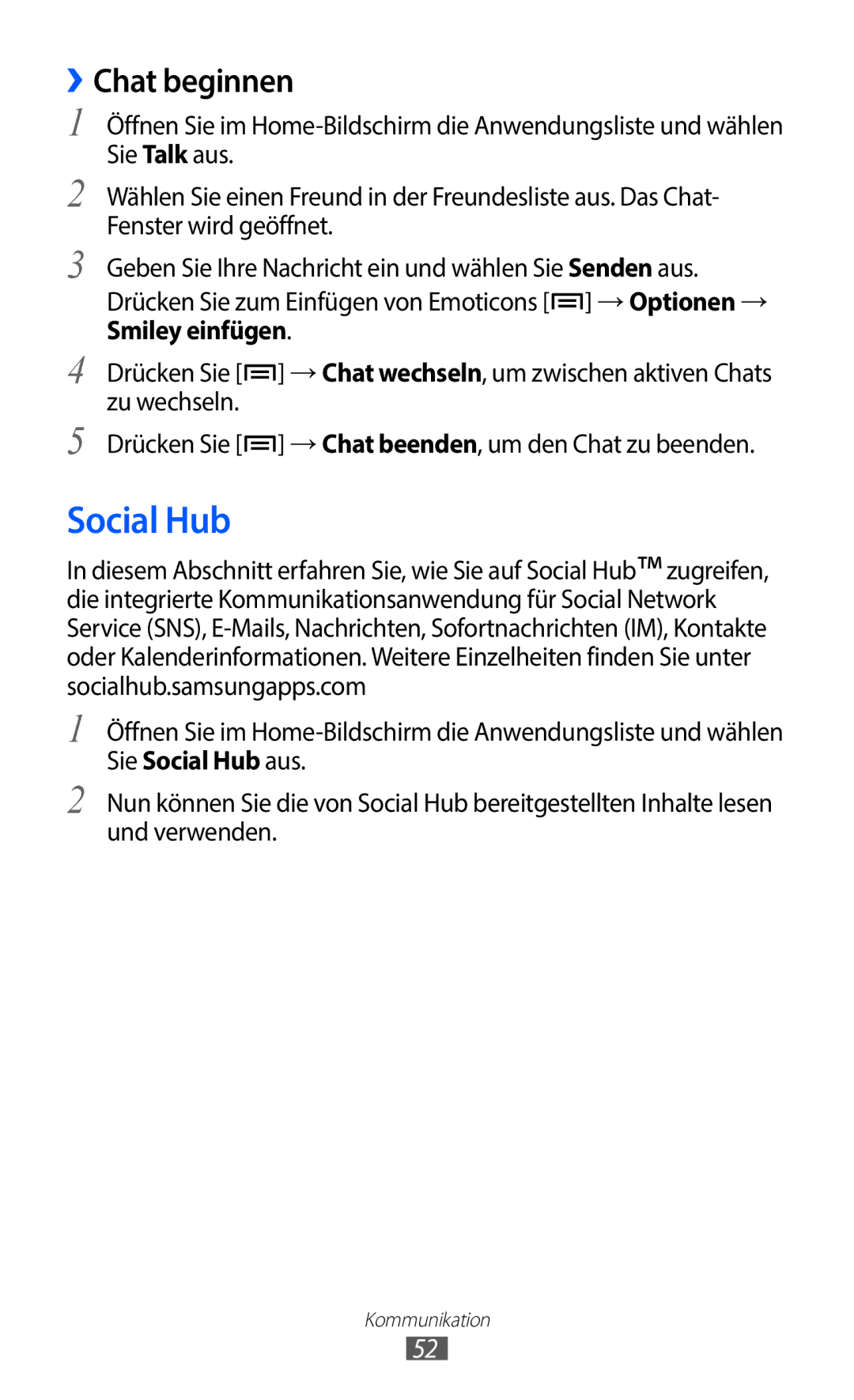 Samsung GT-S5363AAAVID, GT-S5363AAAVIA, GT-S5363AAAVIT manual Social Hub, ››Chat beginnen 