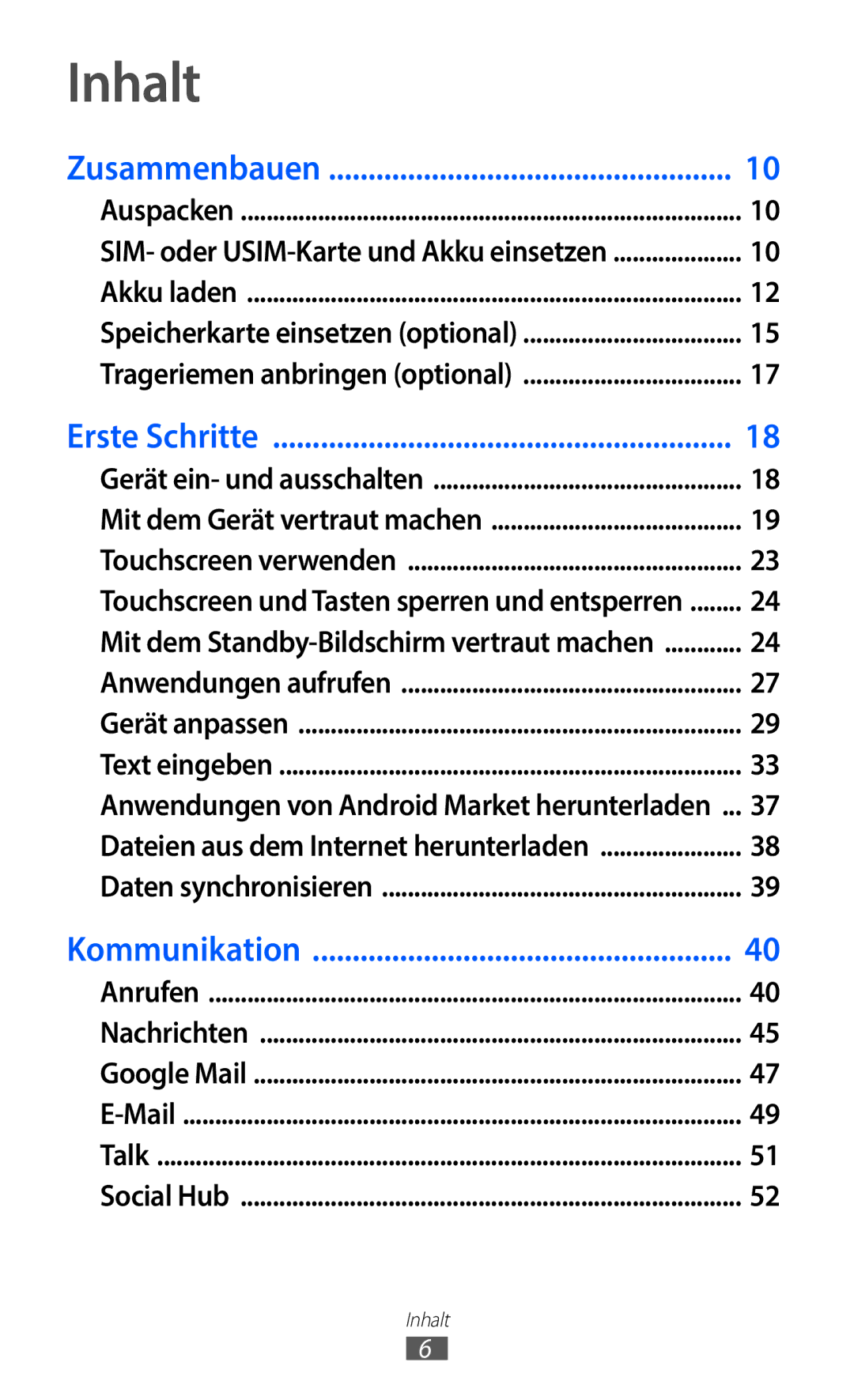 Samsung GT-S5363AAAVIA, GT-S5363AAAVID, GT-S5363AAAVIT manual Inhalt, Zusammenbauen 