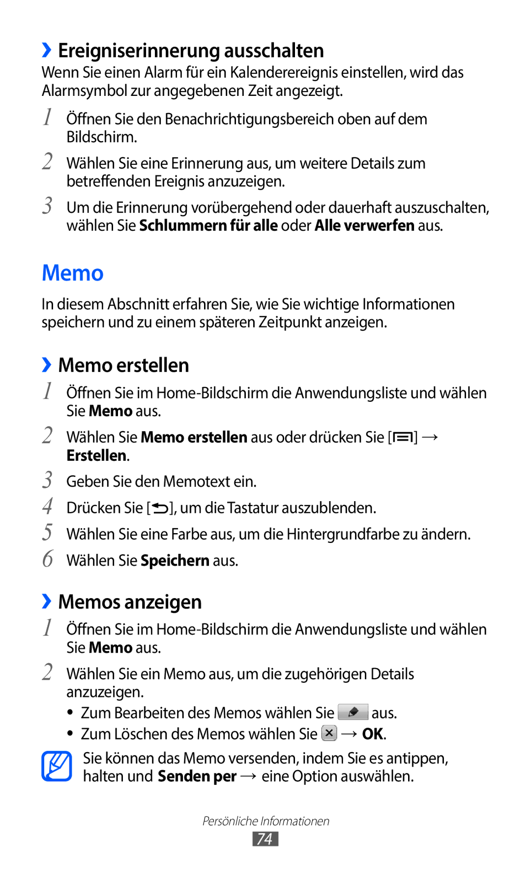 Samsung GT-S5363AAAVIT, GT-S5363AAAVIA ››Ereigniserinnerung ausschalten, ››Memo erstellen, ››Memos anzeigen, Erstellen 