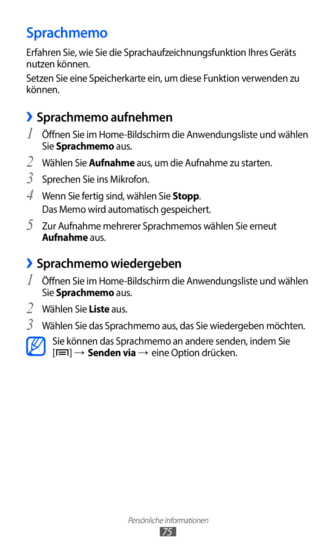 Samsung GT-S5363AAAVIA, GT-S5363AAAVID, GT-S5363AAAVIT manual ››Sprachmemo aufnehmen, ››Sprachmemo wiedergeben 