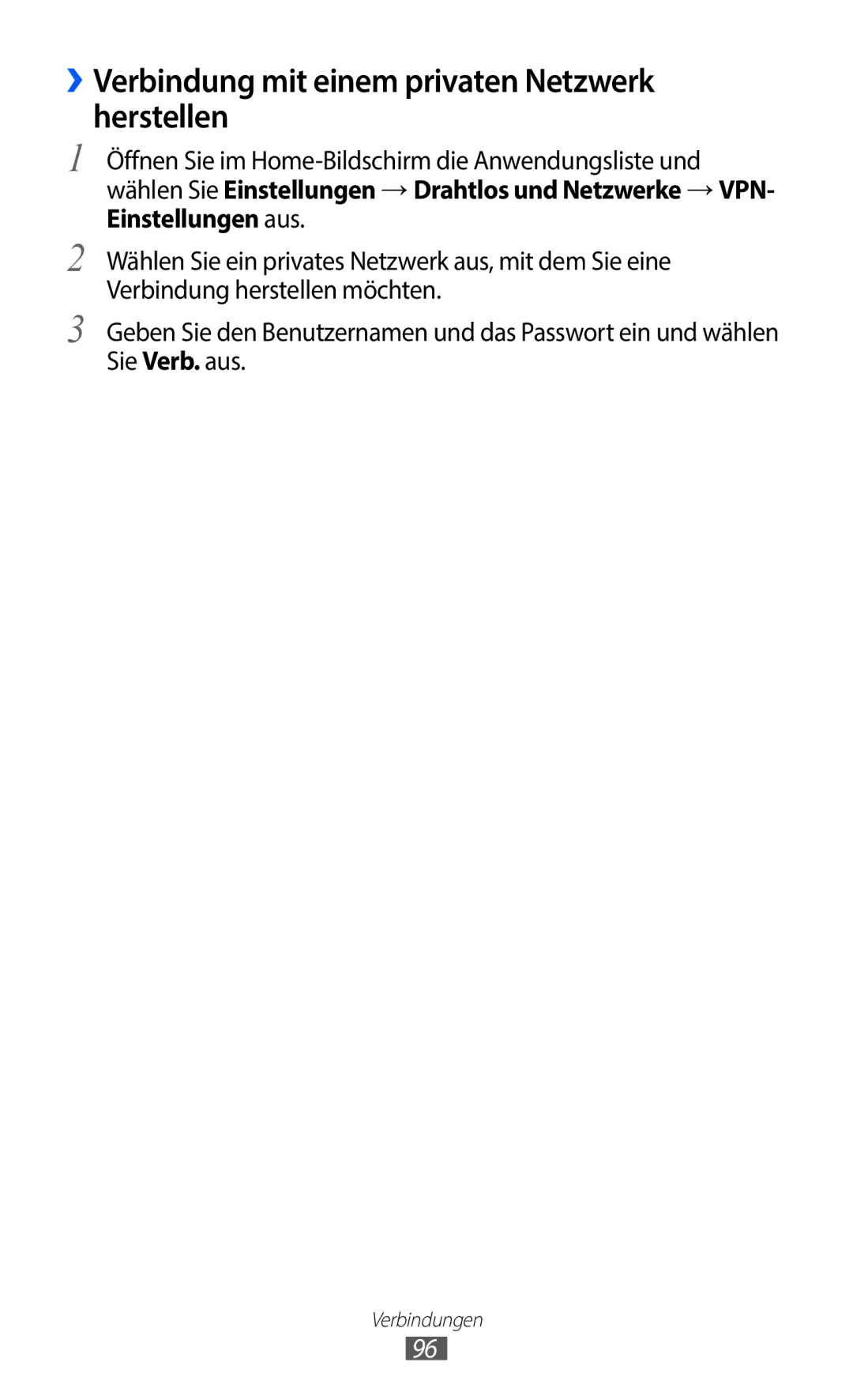 Samsung GT-S5363AAAVIA, GT-S5363AAAVID, GT-S5363AAAVIT manual ››Verbindung mit einem privaten Netzwerk herstellen 