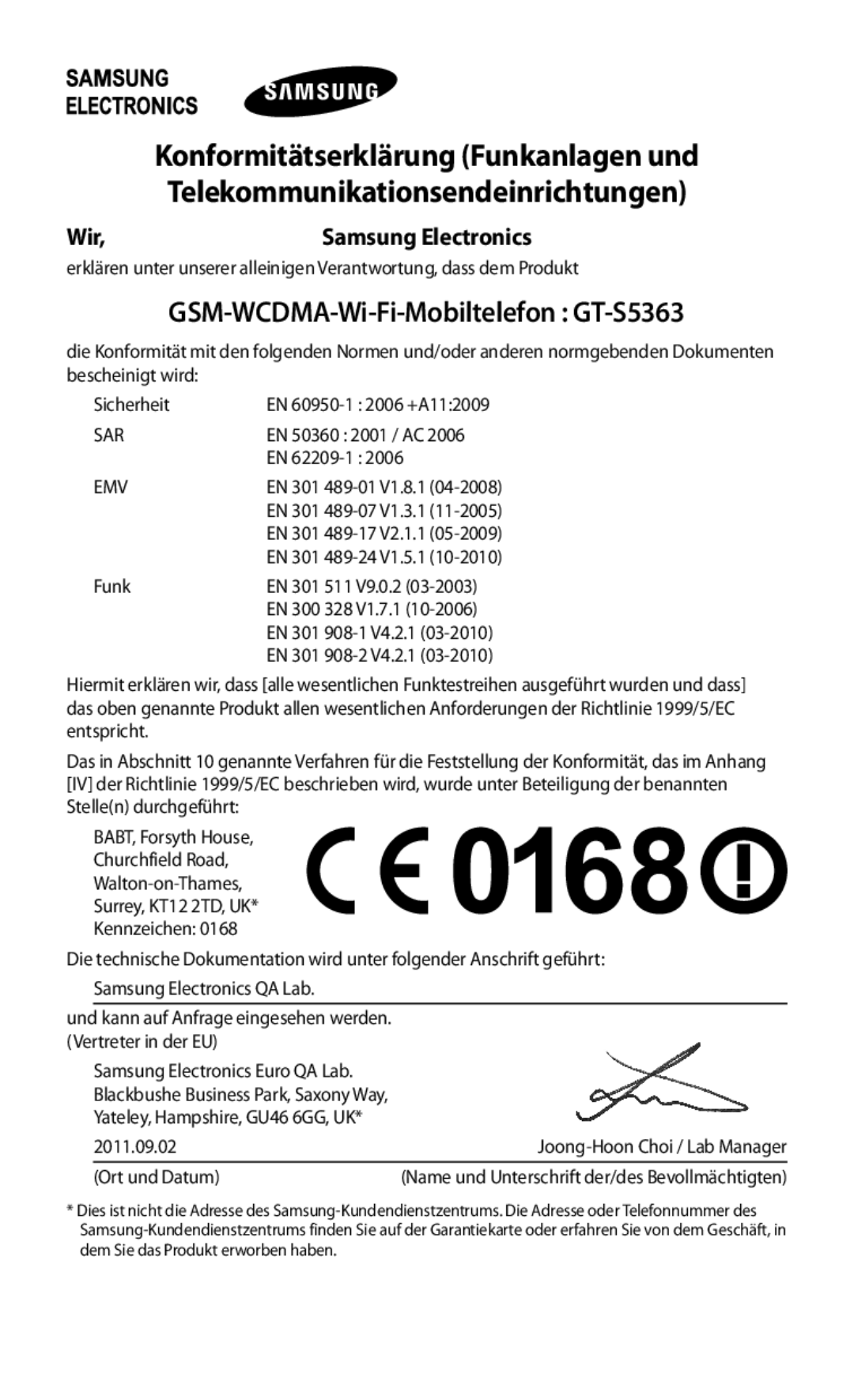 Samsung GT-S5363AAAVID, GT-S5363AAAVIA, GT-S5363AAAVIT manual Konformitätserklärung Funkanlagen und, Wir 