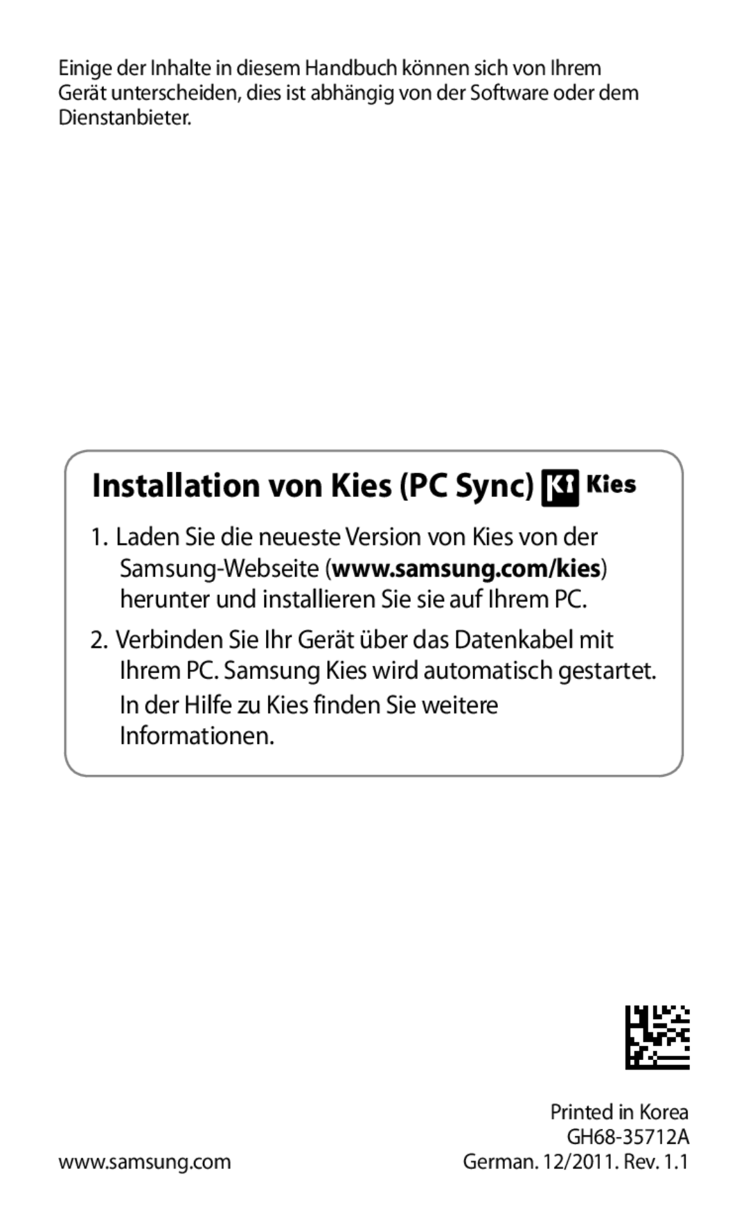 Samsung GT-S5363AAAVIT, GT-S5363AAAVIA, GT-S5363AAAVID manual Installation von Kies PC Sync 