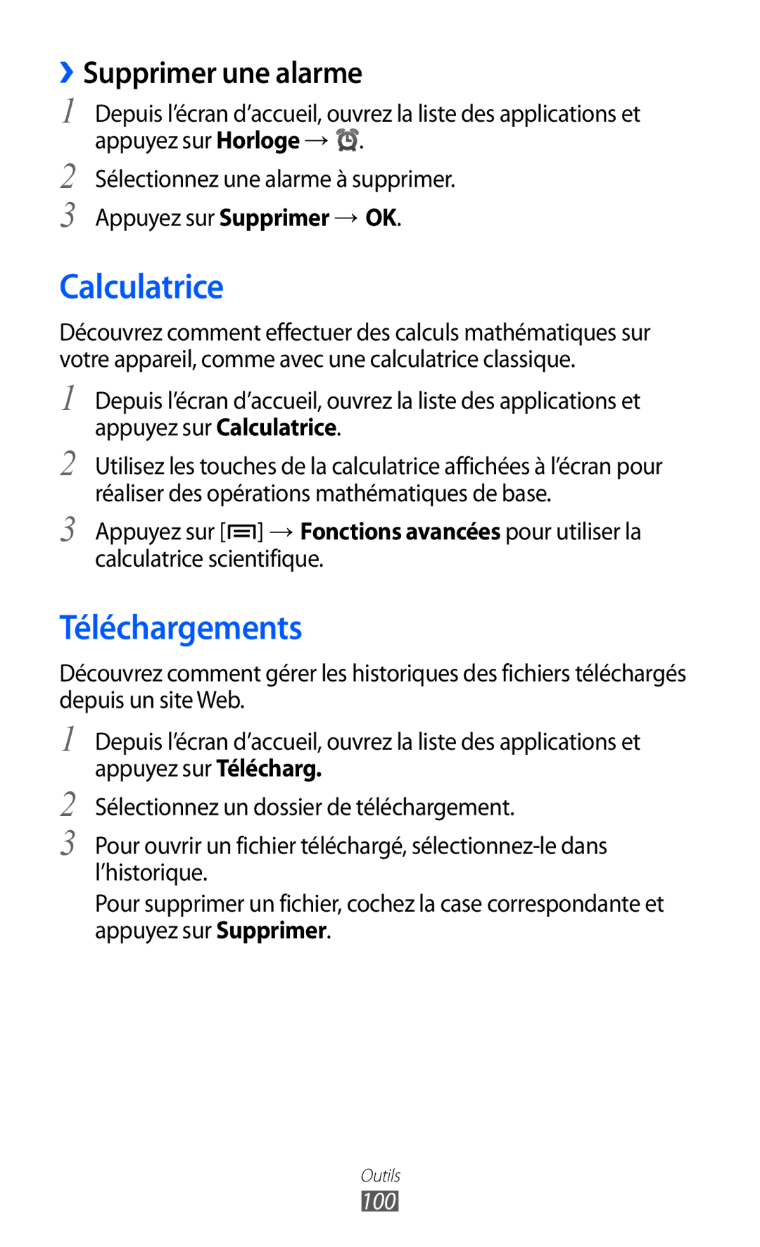 Samsung GT-S5369MAAVGF, GT-S5369UWAFTM, GT-S5369OIAFTM manual Calculatrice, Téléchargements, ››Supprimer une alarme, 100 