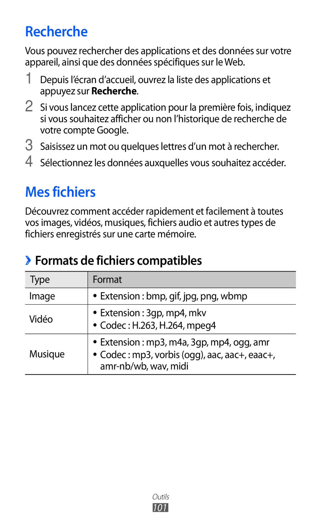 Samsung GT-S5369UWAFTM, GT-S5369MAAVGF Recherche, Mes fichiers, Formats de fichiers compatibles, Amr-nb/wb, wav, midi, 101 