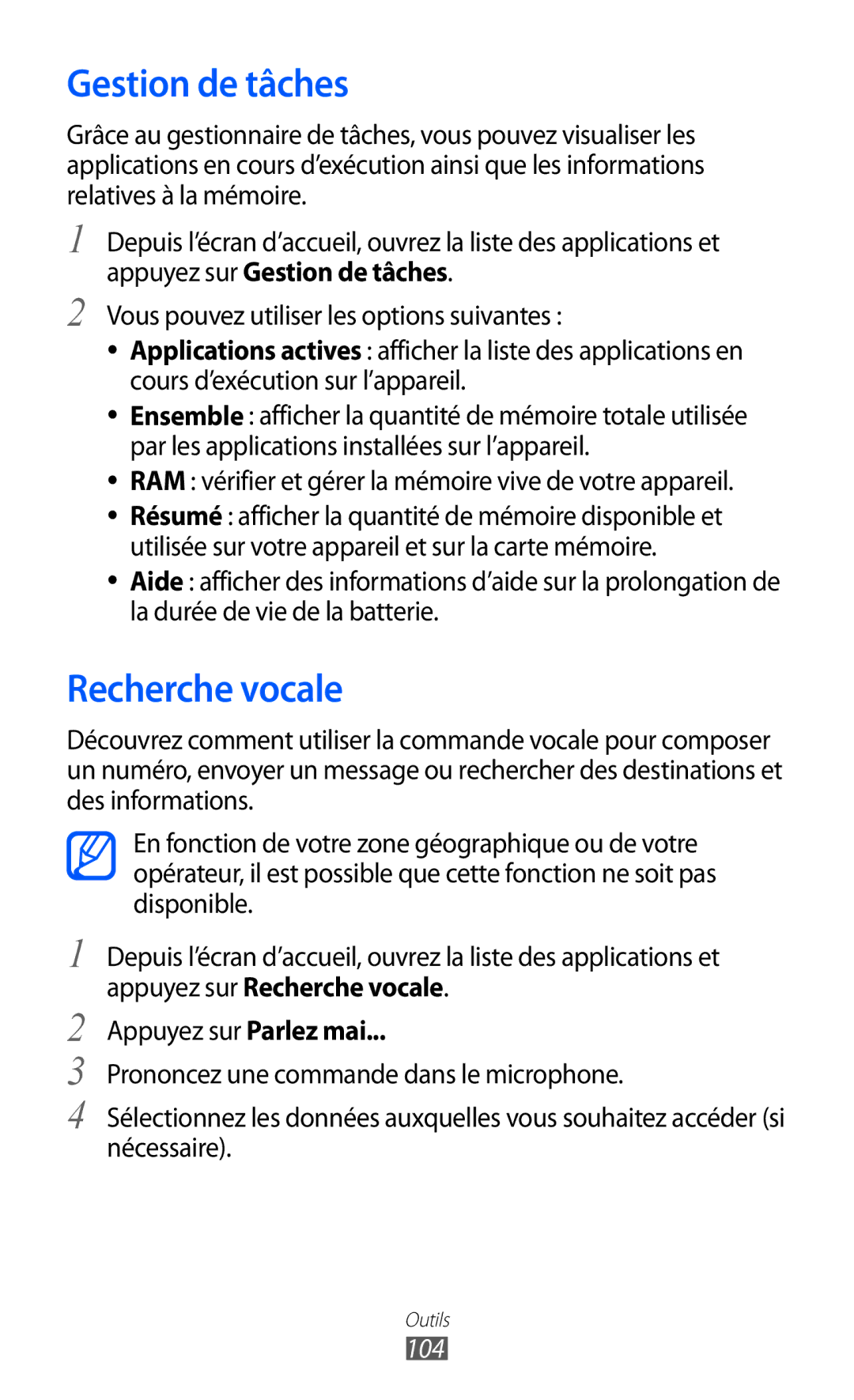 Samsung GT-S5369TKALPM, GT-S5369MAAVGF, GT-S5369UWAFTM Gestion de tâches, Recherche vocale, Appuyez sur Parlez mai, 104 