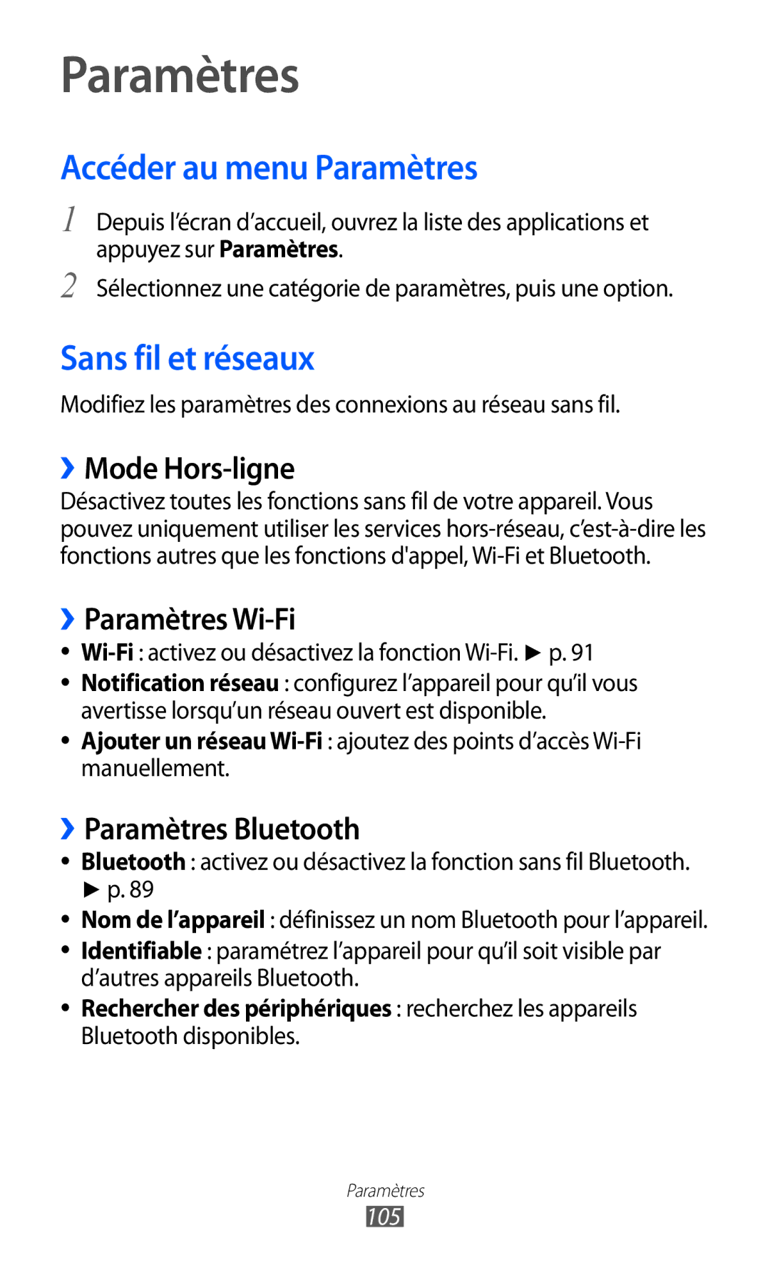 Samsung GT-S5369MAAVGF, GT-S5369UWAFTM, GT-S5369OIAFTM, GT-S5369TKAFTM Accéder au menu Paramètres, Sans fil et réseaux 