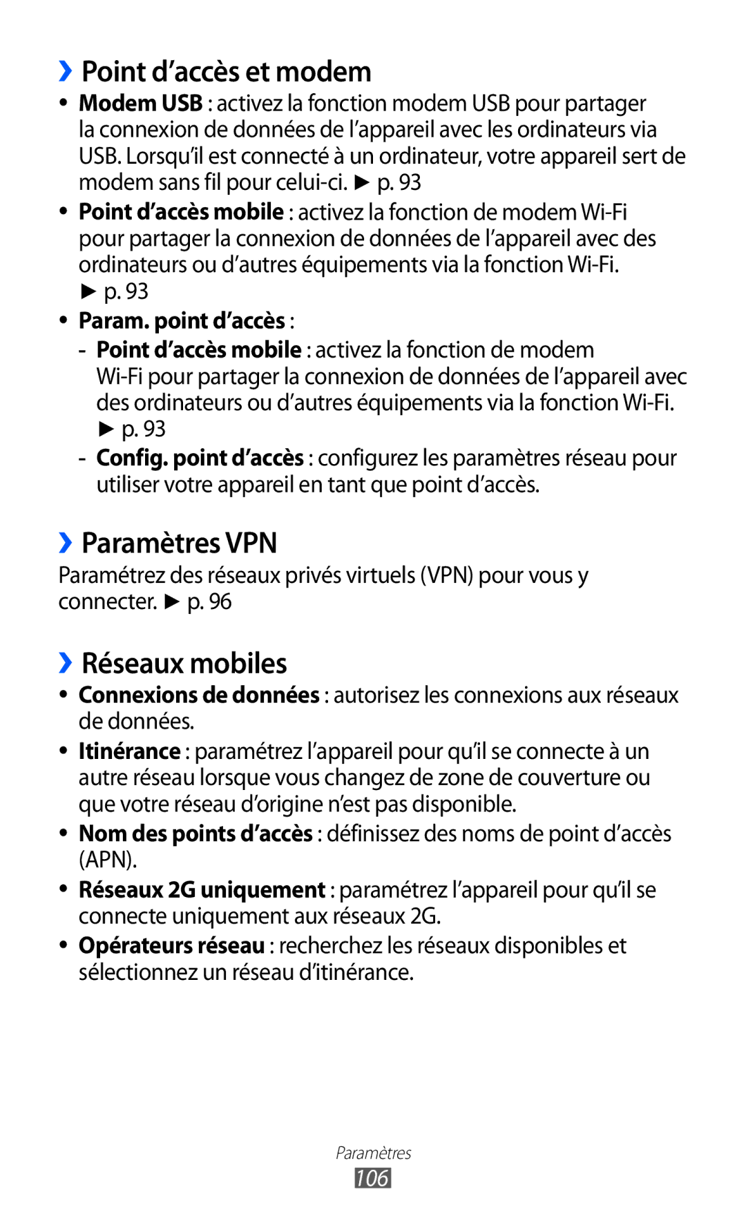 Samsung GT-S5369UWAFTM manual ››Point d’accès et modem, ››Paramètres VPN, ››Réseaux mobiles, Param. point d’accès, 106 