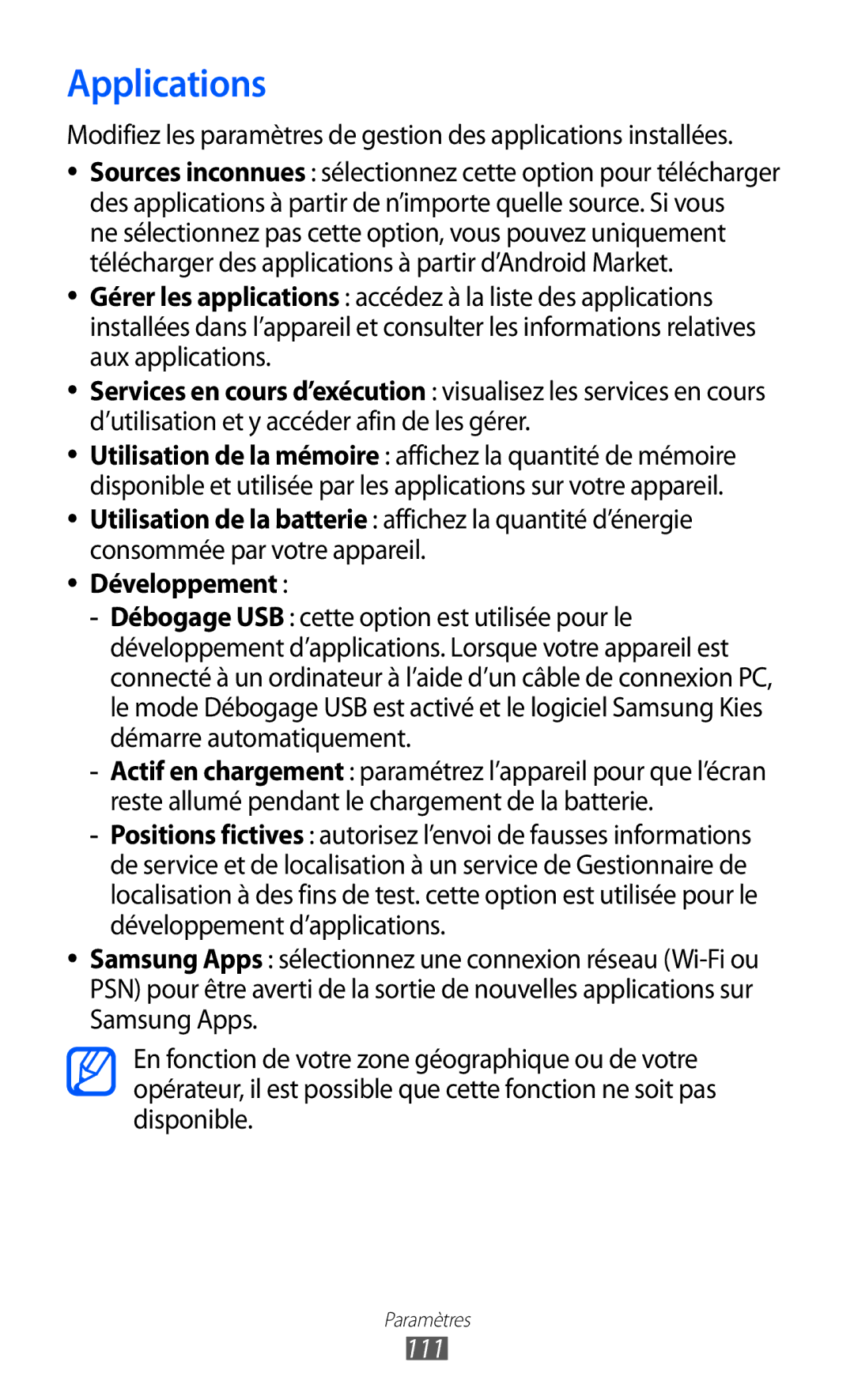 Samsung GT-S5369UWAFTM, GT-S5369MAAVGF, GT-S5369OIAFTM, GT-S5369TKAFTM, GT-S5369TKALPM manual Applications, Développement, 111 