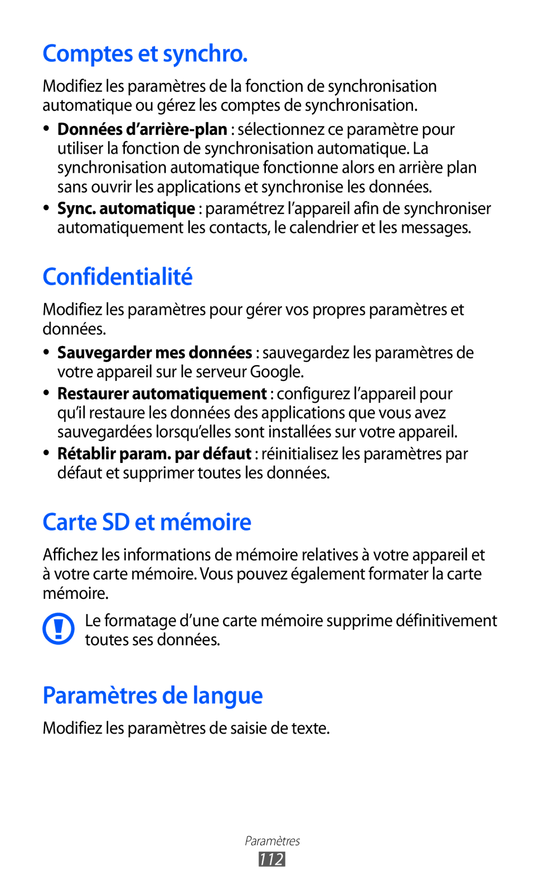 Samsung GT-S5369OIAFTM, GT-S5369MAAVGF Comptes et synchro, Confidentialité, Carte SD et mémoire, Paramètres de langue, 112 
