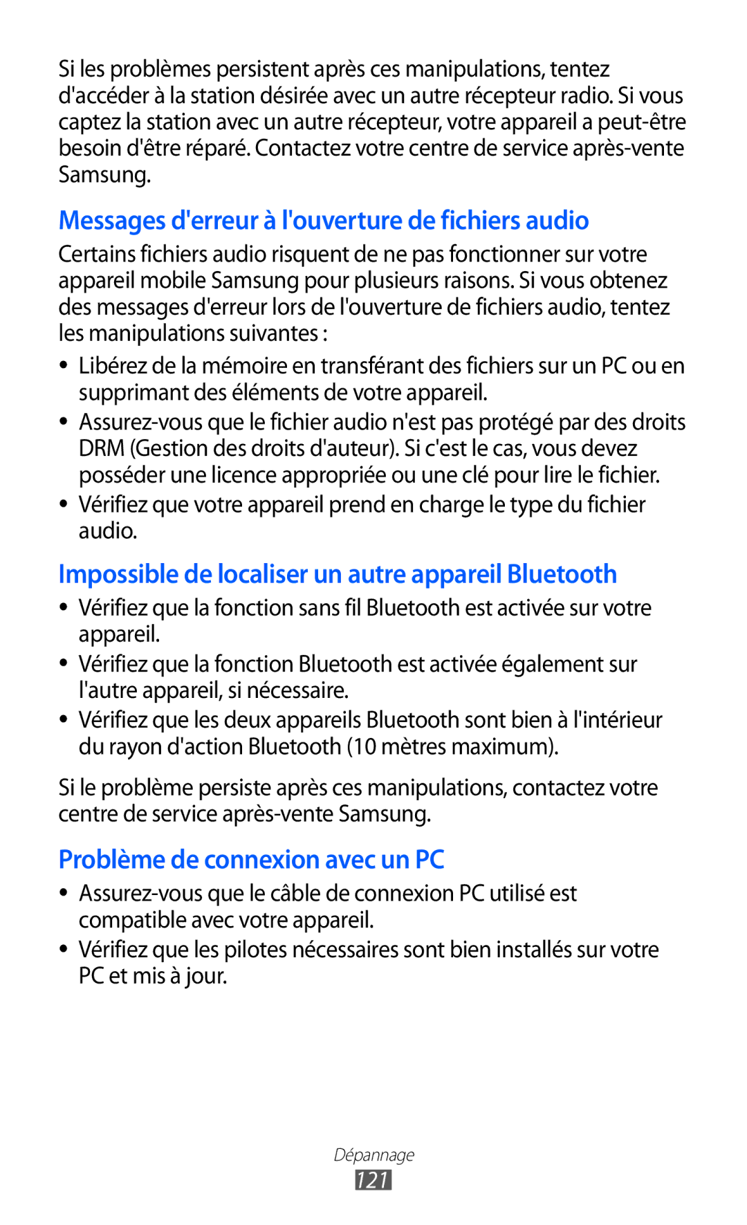 Samsung GT-S5369UWAFTM, GT-S5369MAAVGF, GT-S5369OIAFTM, GT-S5369TKAFTM Messages derreur à louverture de fichiers audio, 121 