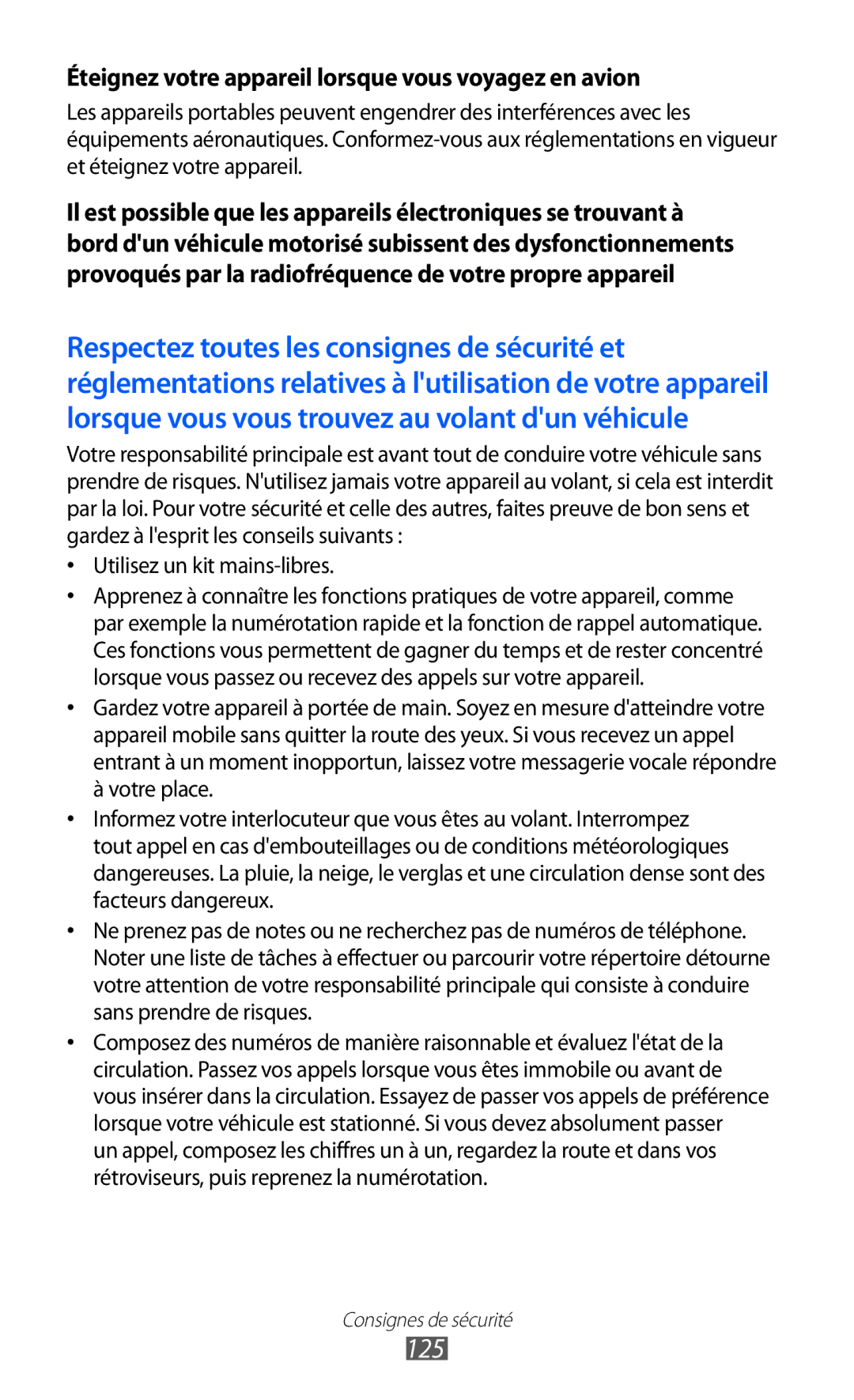 Samsung GT-S5369MAAVGF, GT-S5369UWAFTM, GT-S5369OIAFTM manual 125, Éteignez votre appareil lorsque vous voyagez en avion 