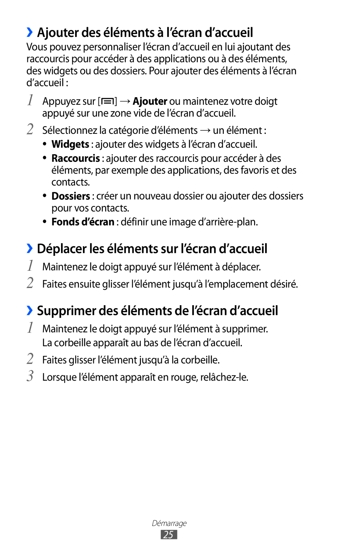 Samsung GT-S5369MAAVGF manual ››Ajouter des éléments à l’écran d’accueil, ››Déplacer les éléments sur l’écran d’accueil 