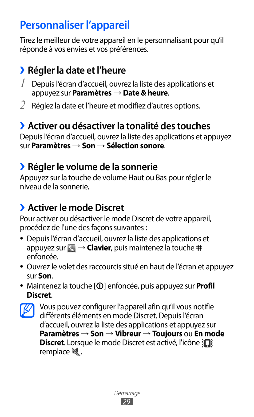 Samsung GT-S5369TKALPM manual Personnaliser l’appareil, ››Régler la date et l’heure, ››Régler le volume de la sonnerie 