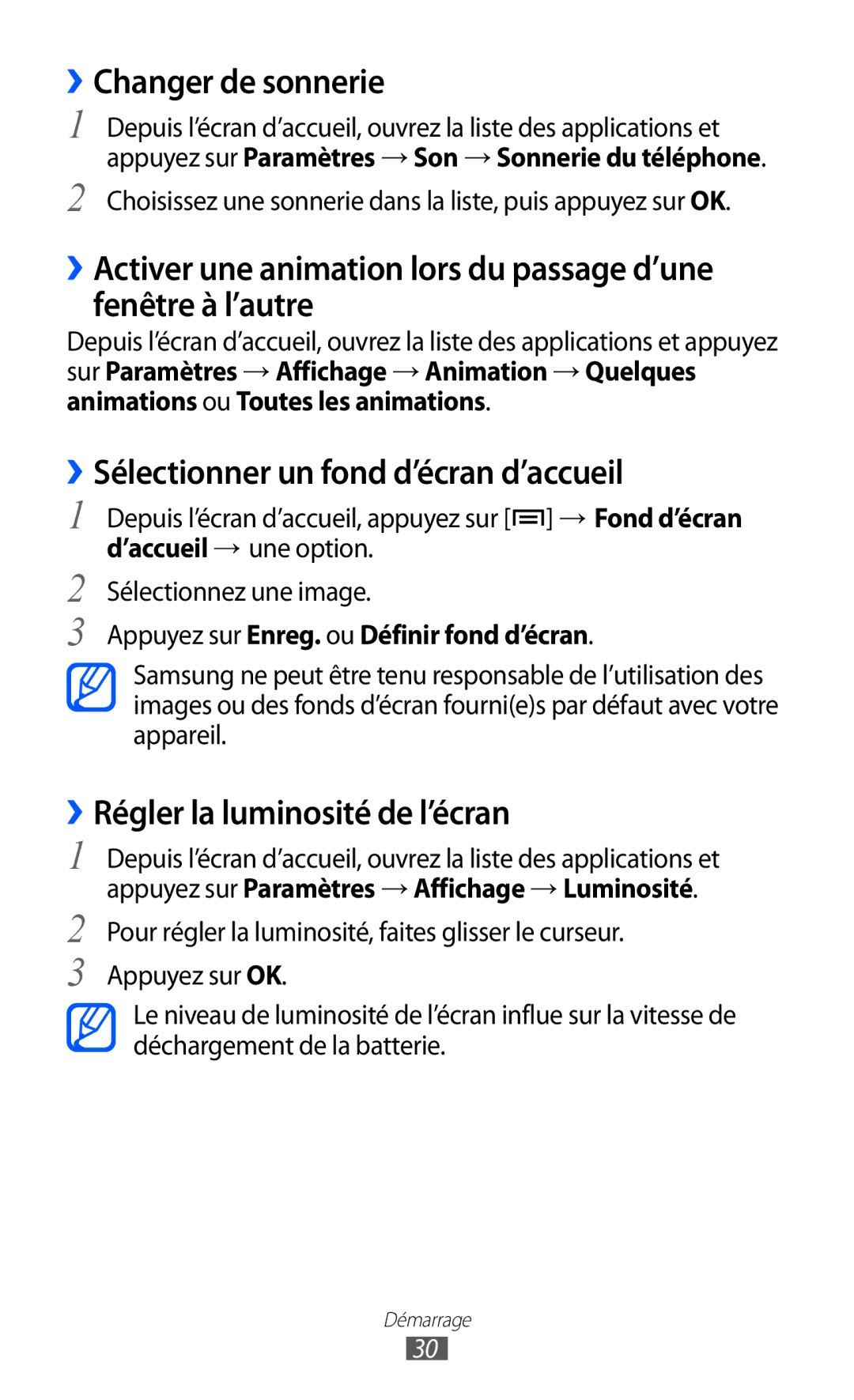 Samsung GT-S5369MAAVGF ››Changer de sonnerie, ››Sélectionner un fond d’écran d’accueil, ››Régler la luminosité de l’écran 