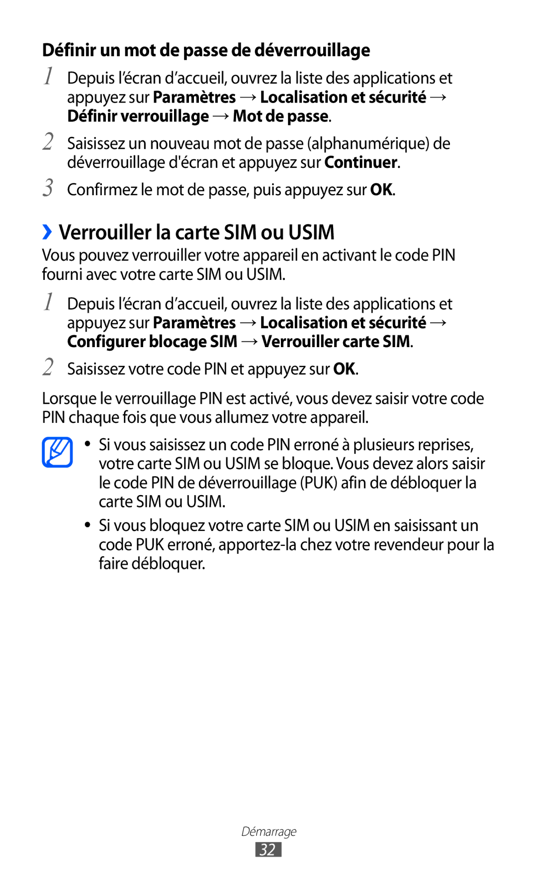 Samsung GT-S5369OIAFTM, GT-S5369MAAVGF ››Verrouiller la carte SIM ou Usim, Confirmez le mot de passe, puis appuyez sur OK 