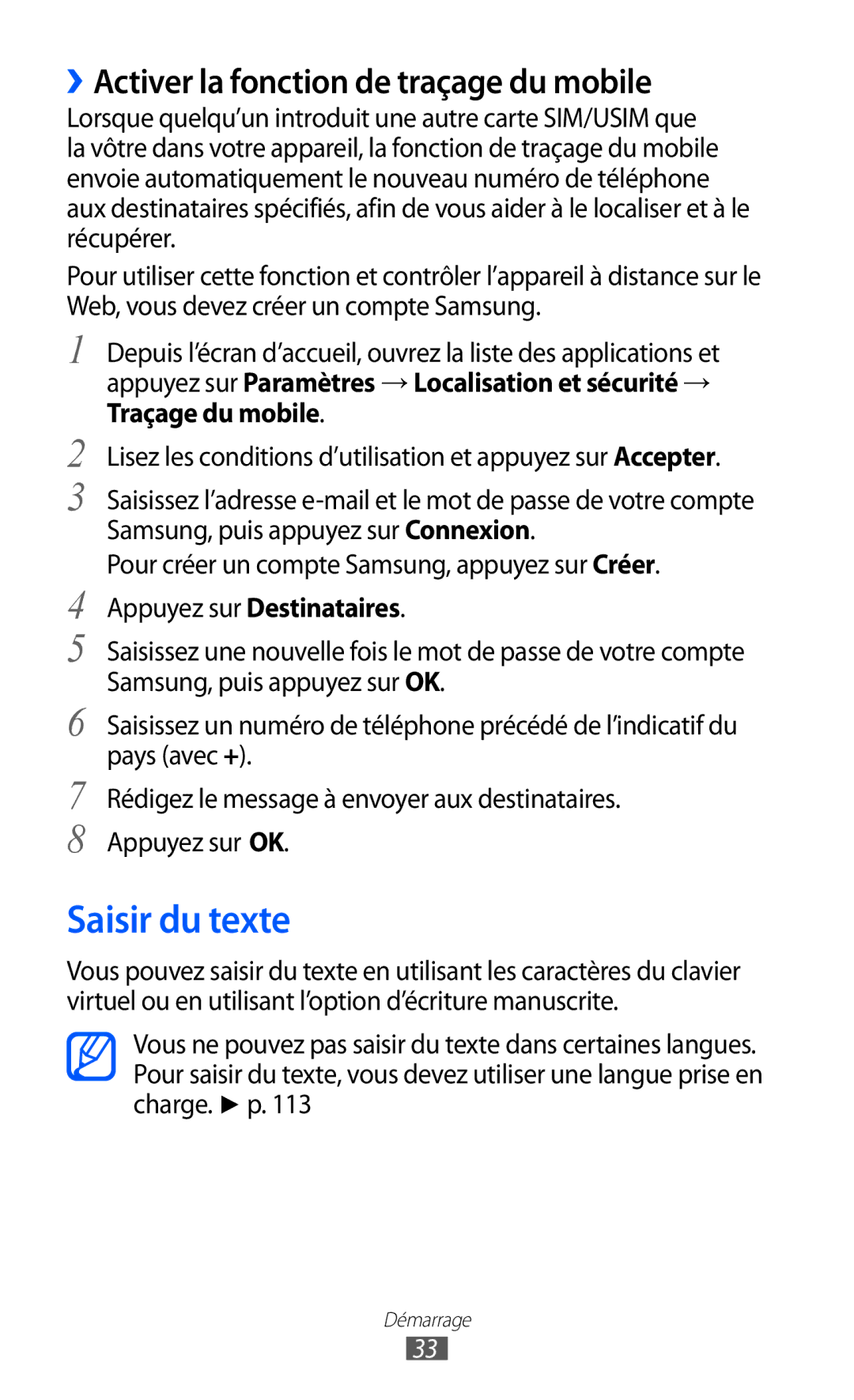 Samsung GT-S5369TKAFTM, GT-S5369MAAVGF, GT-S5369UWAFTM manual Saisir du texte, ››Activer la fonction de traçage du mobile 