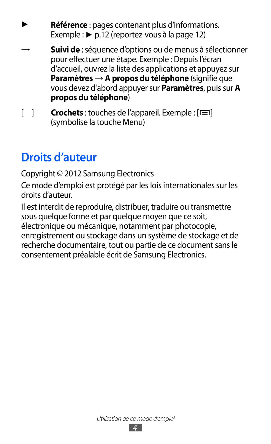 Samsung GT-S5369TKALPM, GT-S5369MAAVGF, GT-S5369UWAFTM, GT-S5369OIAFTM manual Droits d’auteur, Symbolise la touche Menu 