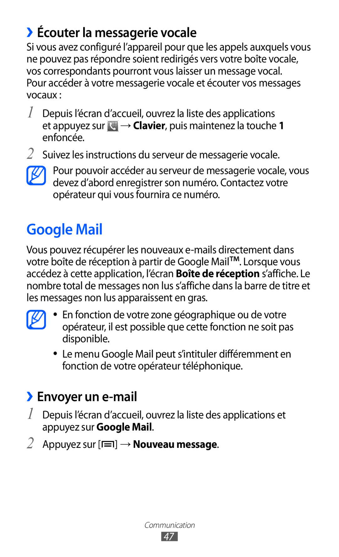 Samsung GT-S5369OIAFTM, GT-S5369MAAVGF, GT-S5369UWAFTM Google Mail, ››Écouter la messagerie vocale, ››Envoyer un e-mail 