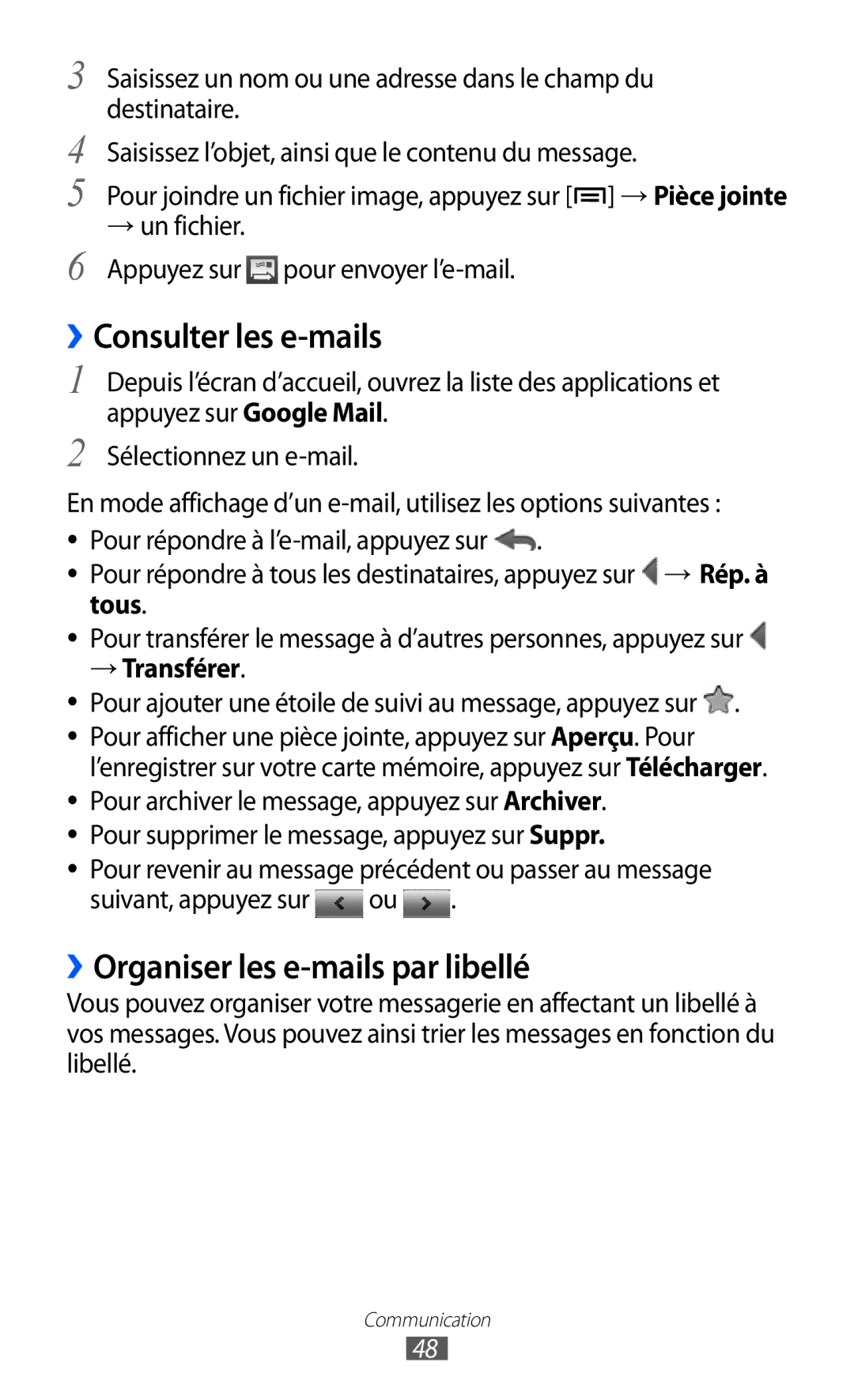 Samsung GT-S5369TKAFTM, GT-S5369MAAVGF manual ››Consulter les e-mails, ››Organiser les e-mails par libellé, → Transférer 