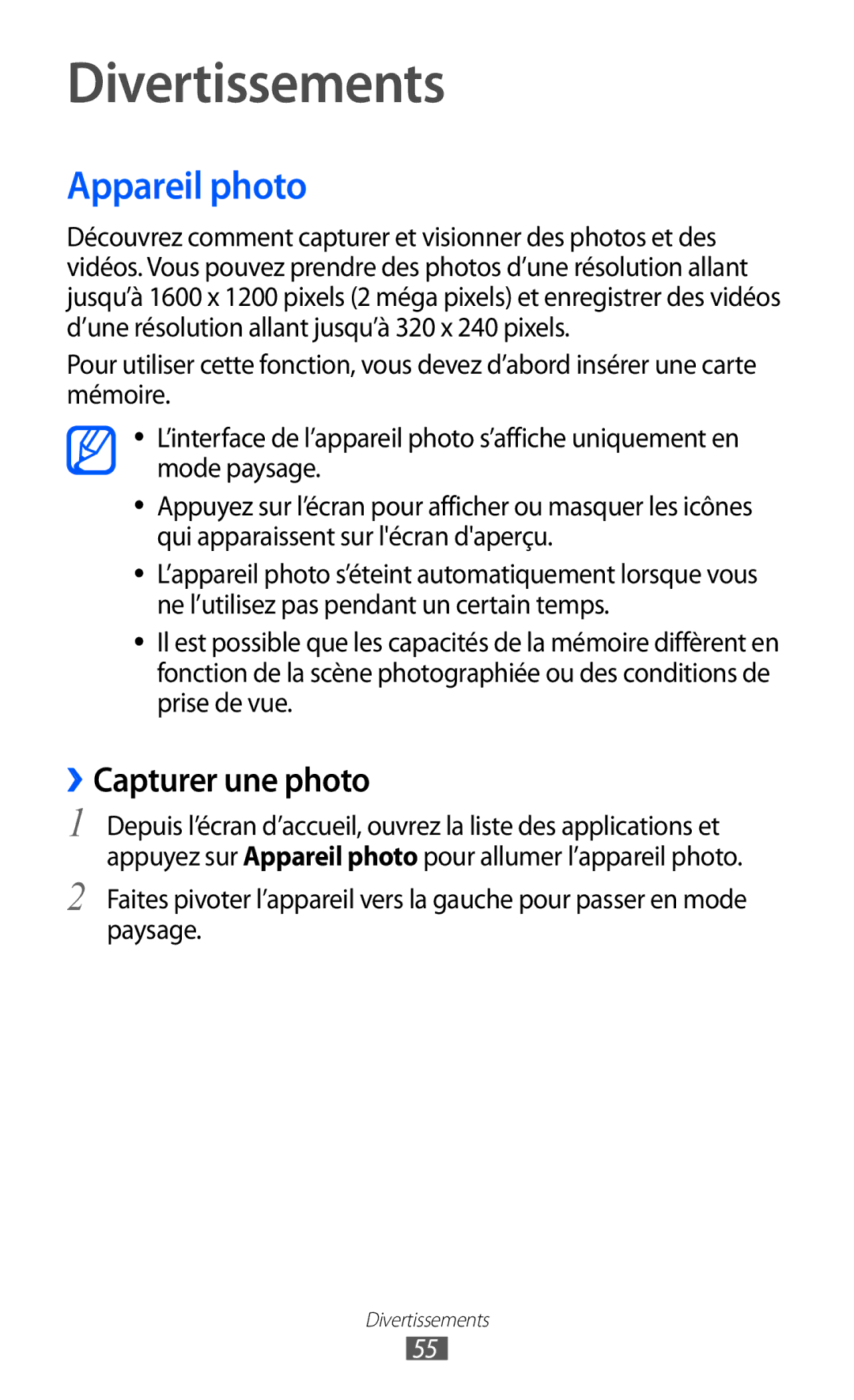 Samsung GT-S5369MAAVGF, GT-S5369UWAFTM, GT-S5369OIAFTM, GT-S5369TKAFTM Divertissements, Appareil photo, ››Capturer une photo 