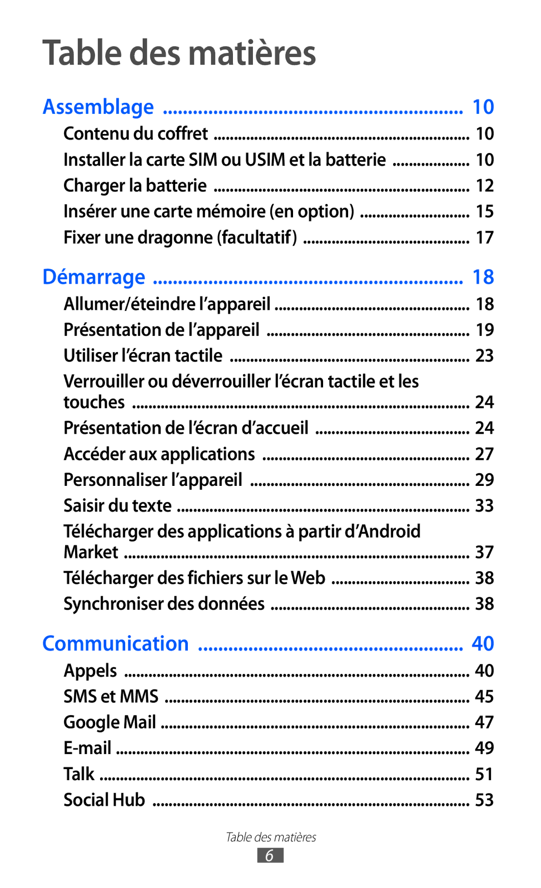 Samsung GT-S5369UWAFTM, GT-S5369MAAVGF manual Table des matières, Verrouiller ou déverrouiller l’écran tactile et les 