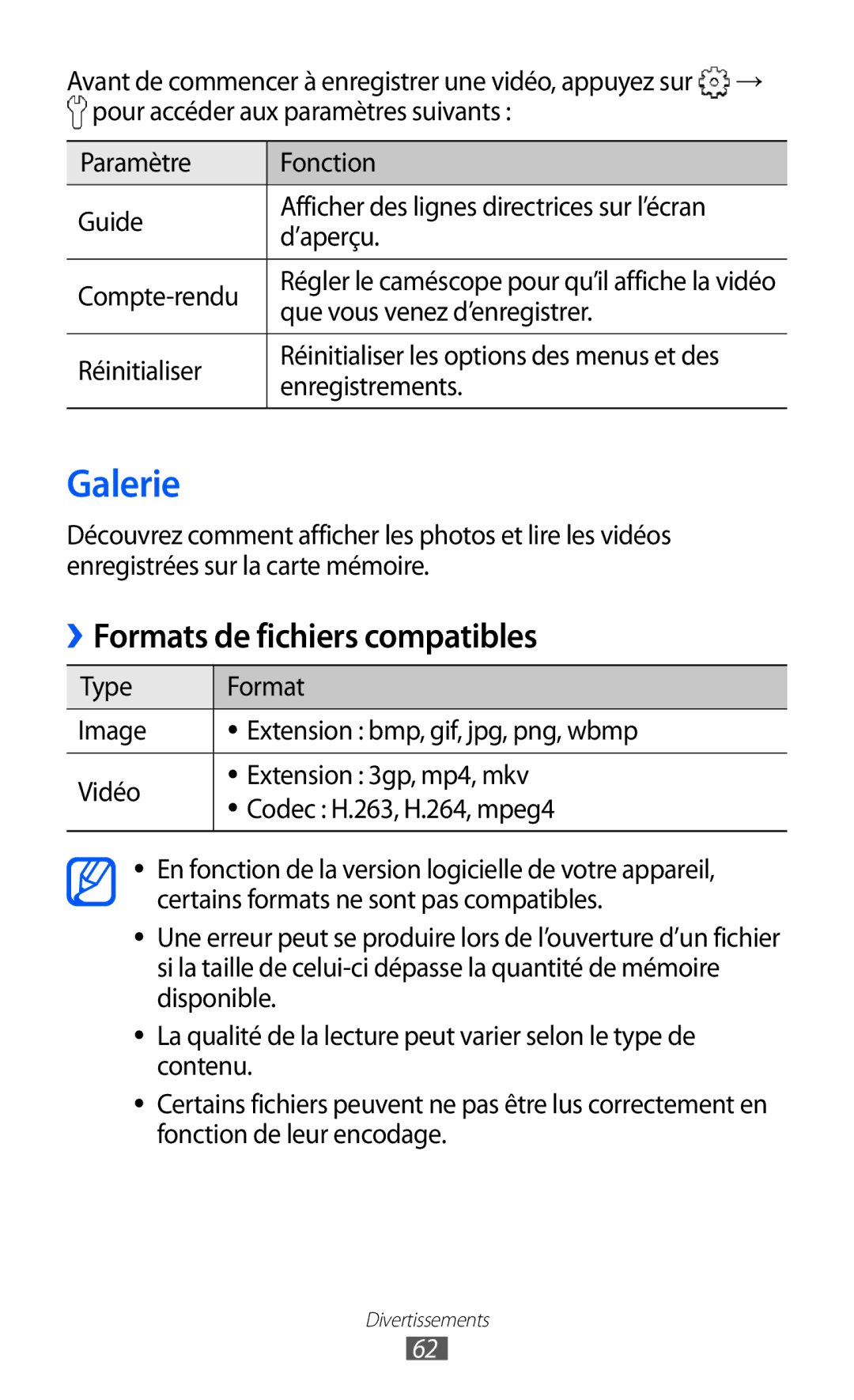 Samsung GT-S5369OIAFTM, GT-S5369MAAVGF Galerie, ››Formats de fichiers compatibles, ’aperçu Compte-rendu, Enregistrements 