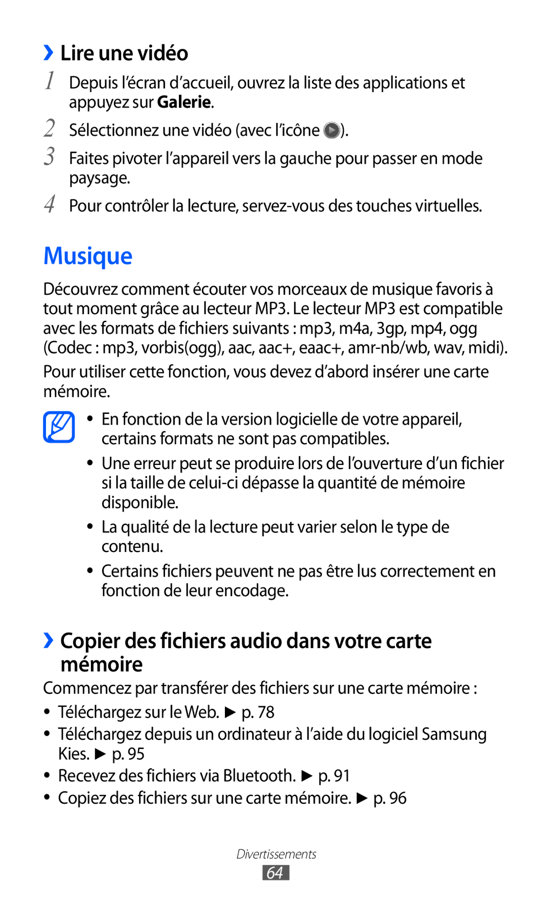 Samsung GT-S5369TKALPM, GT-S5369MAAVGF Musique, ››Lire une vidéo, ››Copier des fichiers audio dans votre carte mémoire 